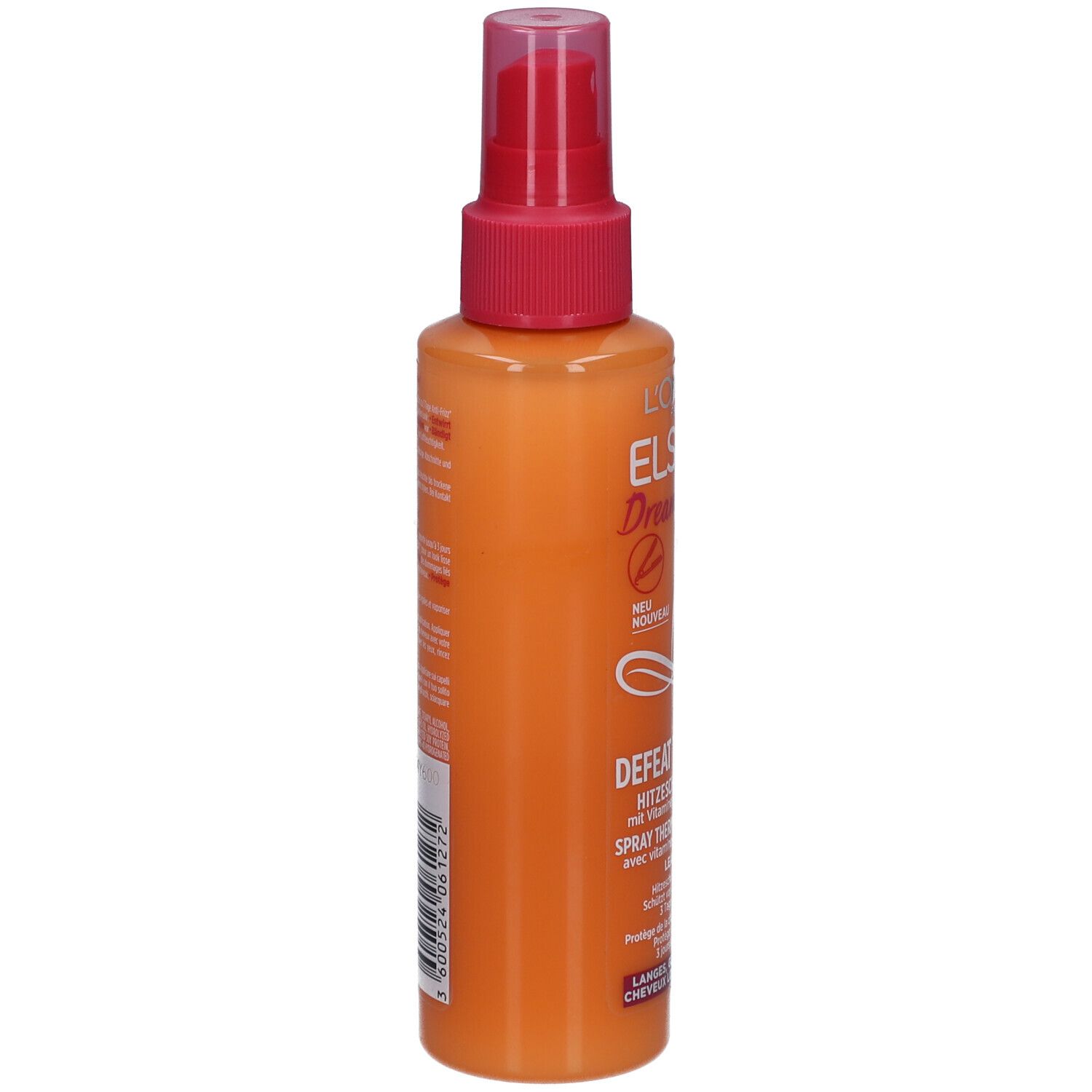Hitzeschutzspray, Seitenansicht. Orangefarbene Flasche mit rosa Deckel. Text: L'Oréal Paris Elseve Dream long, Defeat the Heat.
