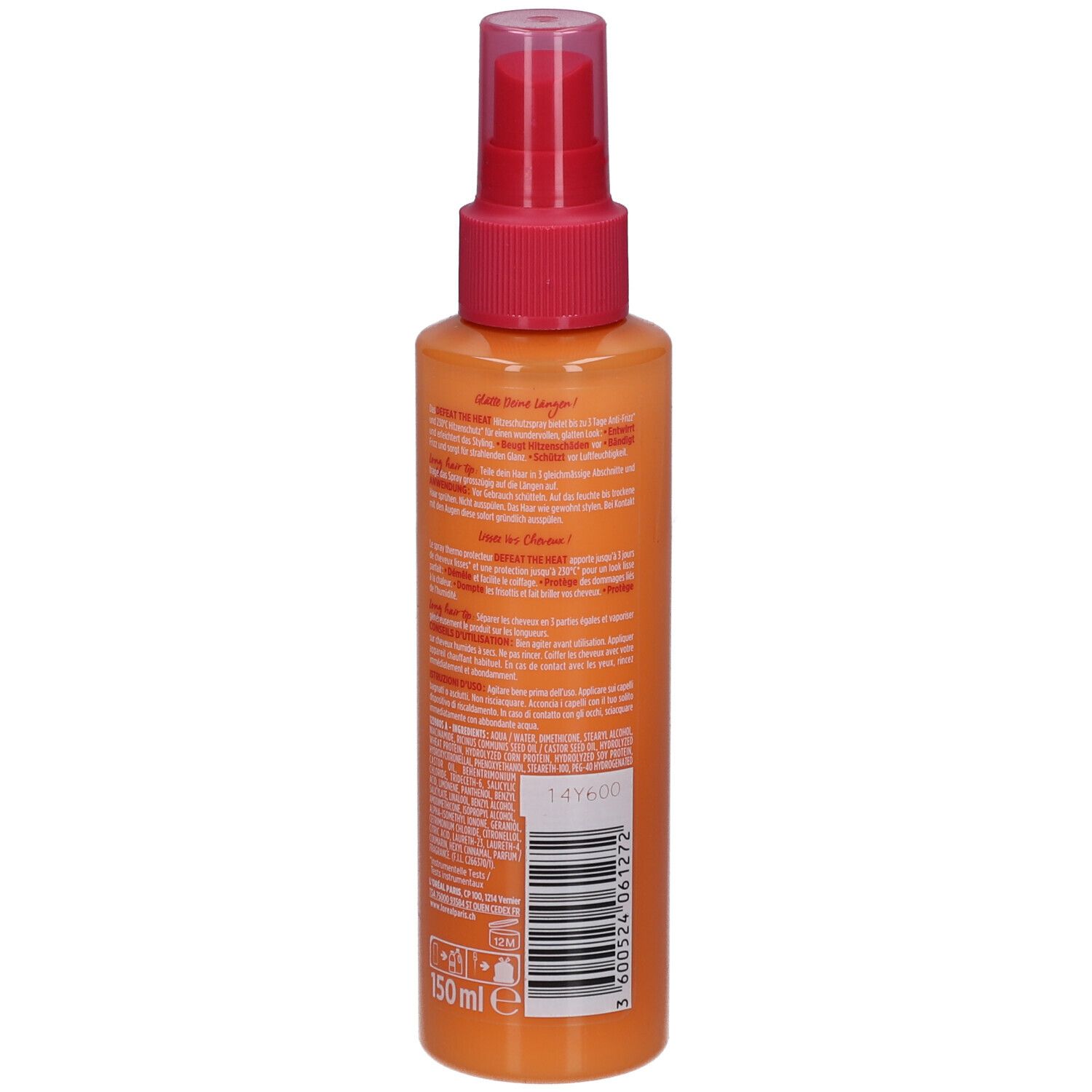 Rückseite des Hitzeschutzsprays. Orangefarbene Flasche mit rosa Deckel. Text und Informationen zum Produkt.