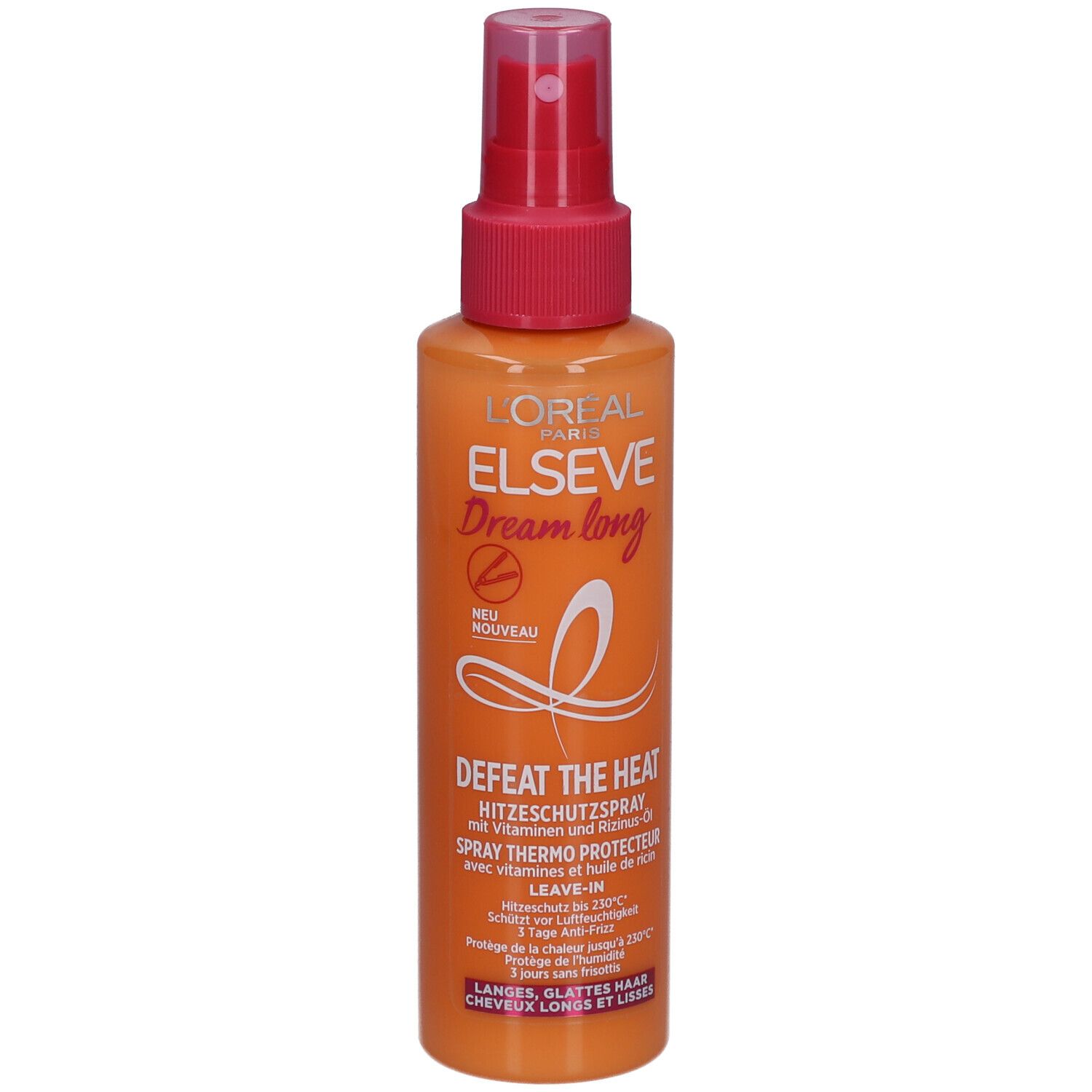 Hitzeschutzspray mit Sprühkopf. Orangefarbene Flasche mit rosa Deckel. Text: L'Oréal Paris Elseve Dream long, Defeat the Heat.