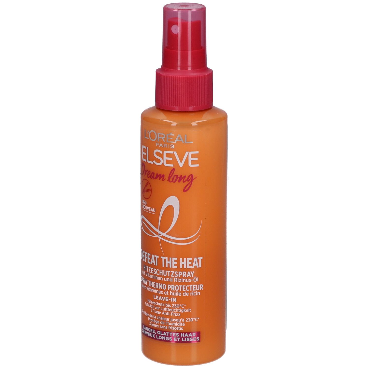 Hitzeschutzspray mit Sprühkopf. Orangefarbene Flasche mit rosa Deckel. Text: L'Oréal Paris Elseve Dream long, Defeat the Heat.