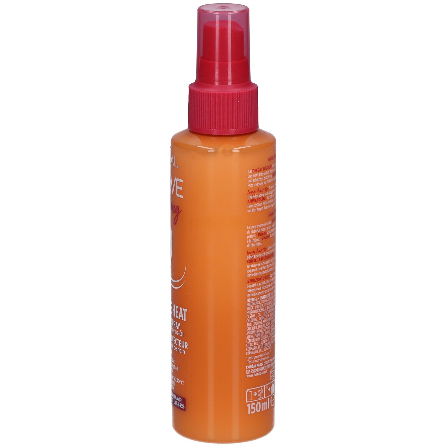 Hitzeschutzspray, Seitenansicht. Orangefarbene Flasche mit rosa Deckel. Text: L'Oréal Paris Elseve Dream long, Defeat the Heat.