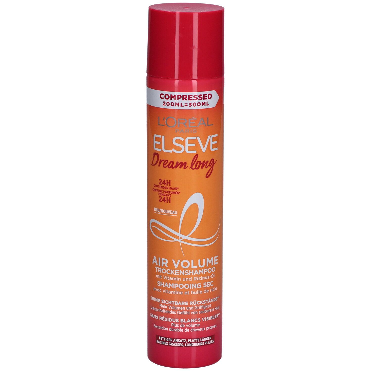 L'Oréal Paris Elseve Dream Long Air Volume Shampooing sec. Flacon spray rouge et orange. Texte: Air Volume, 24H.