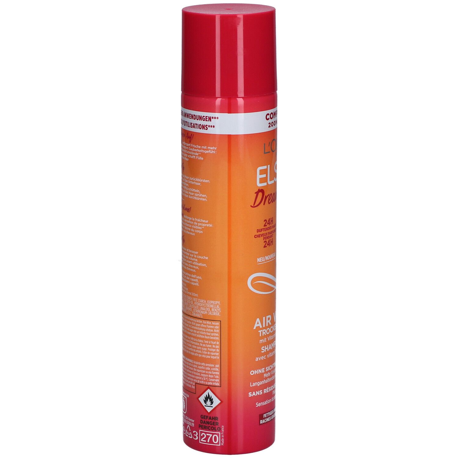 Dos du flacon de shampooing sec L'Oréal Paris Elseve Dream Long Air Volume. Texte et avertissements. Couleurs rouge et orange.