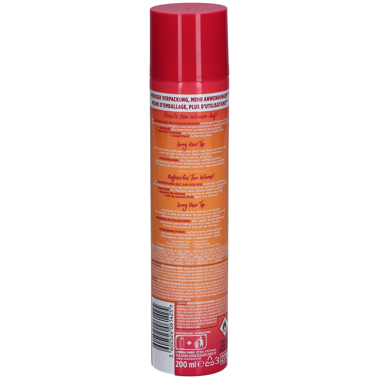 Dos du flacon de shampooing sec L'Oréal Paris Elseve Dream Long Air Volume. Texte et avertissements. Couleurs rouge et orange.