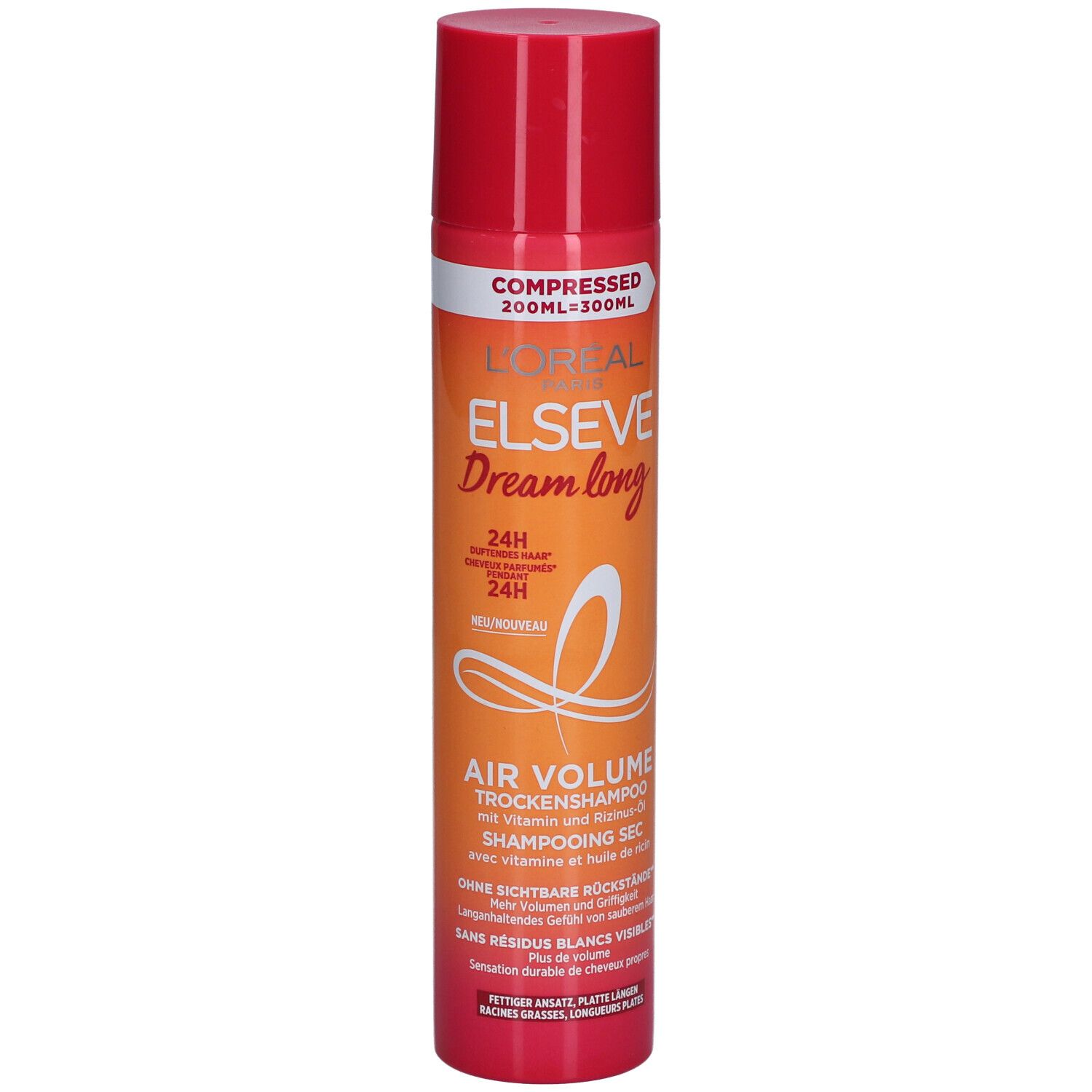 L'Oréal Paris Elseve Dream Long Air Volume Shampooing sec. Flacon spray rouge et orange. Texte: Air Volume, 24H.