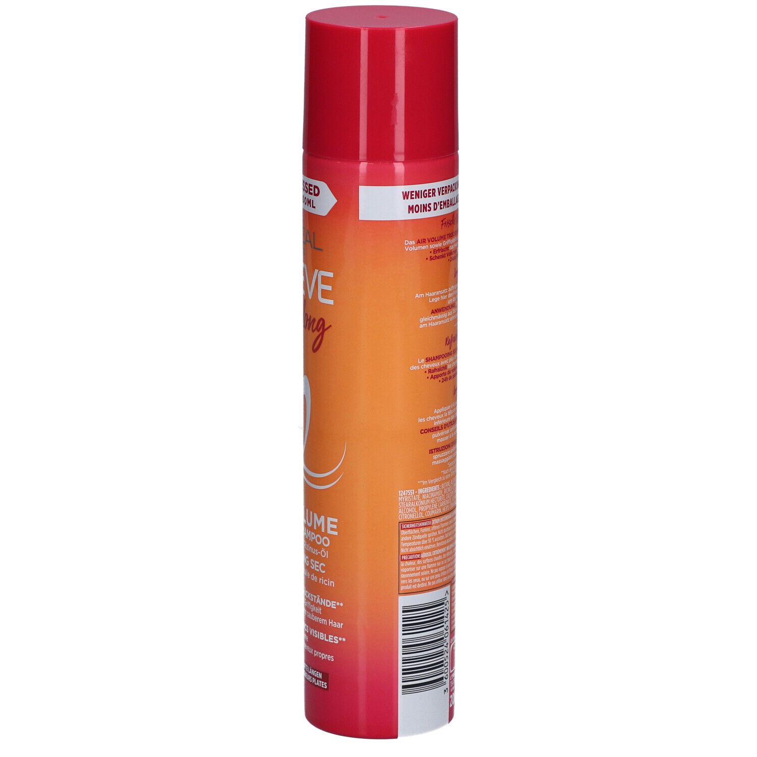 Côté du flacon de shampooing sec L'Oréal Paris Elseve Dream Long Air Volume. Texte et avertissements. Couleurs rouge et orange.