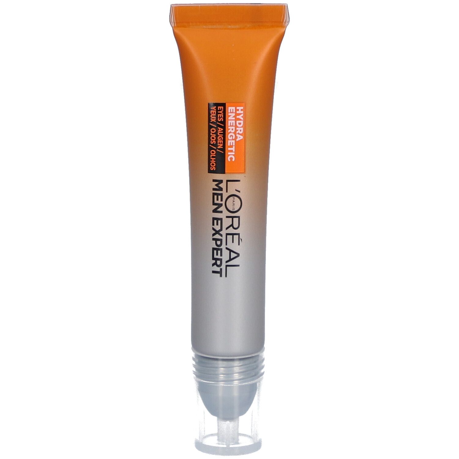 Orange-silberne Tube mit Roll-On-Applikator. Aufschrift: Hydra Energetic, Augen, L'Oréal Men Expert.