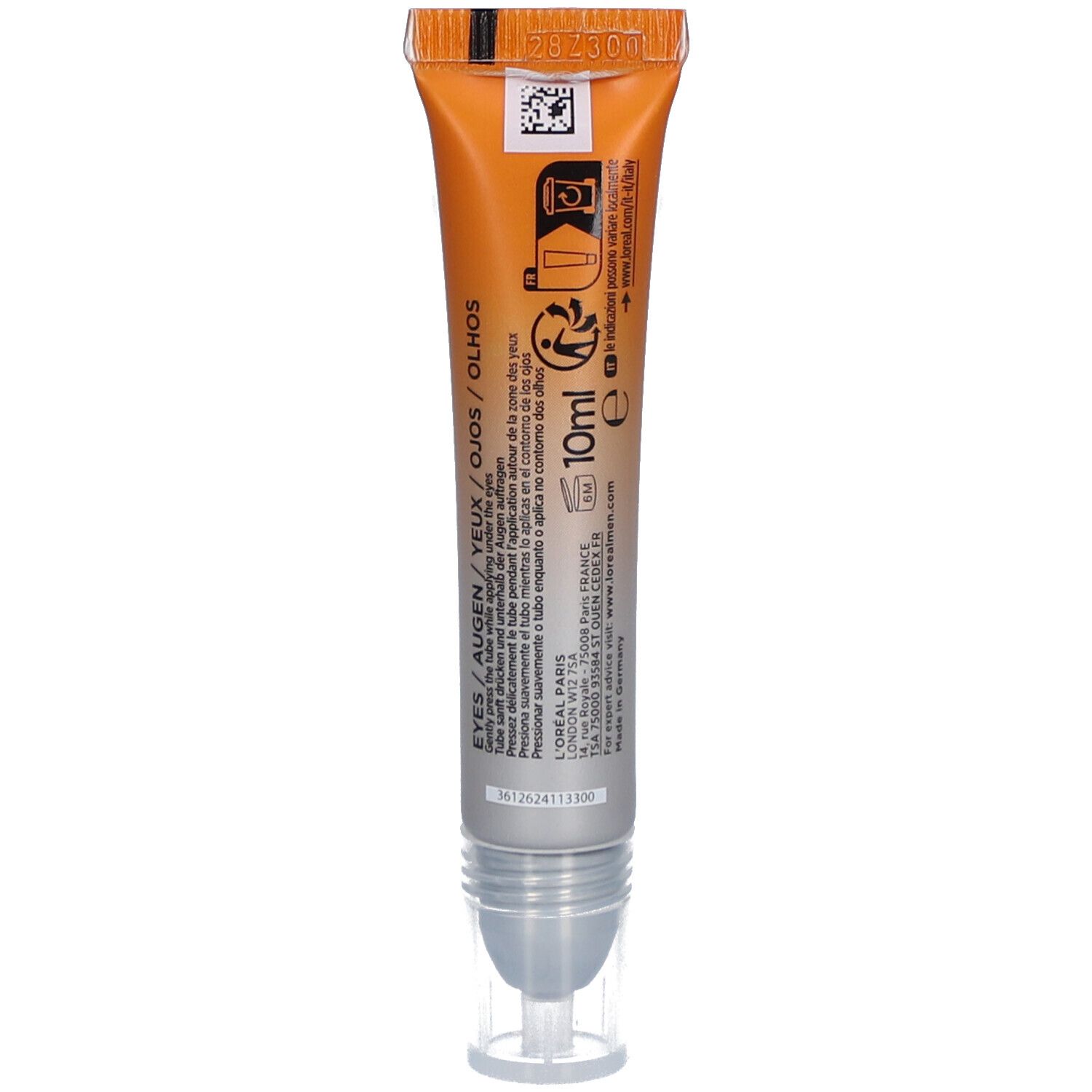 Rückseite der Tube. Orange-silberner Farbverlauf. Text: Augen/Yeux/Ojos/Olhos, 10ml, L'Oréal Paris.