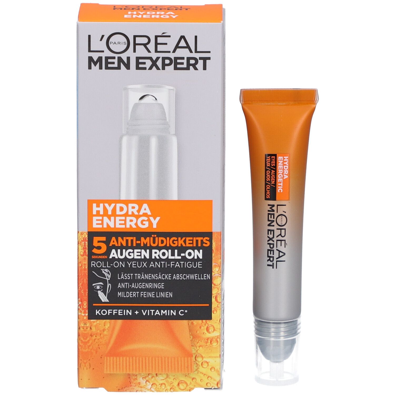 Produktverpackung und Tube. Verpackung: L'Oréal Men Expert, Hydra Energy, 5 Anti-Müdigkeits-Augen Roll-On.