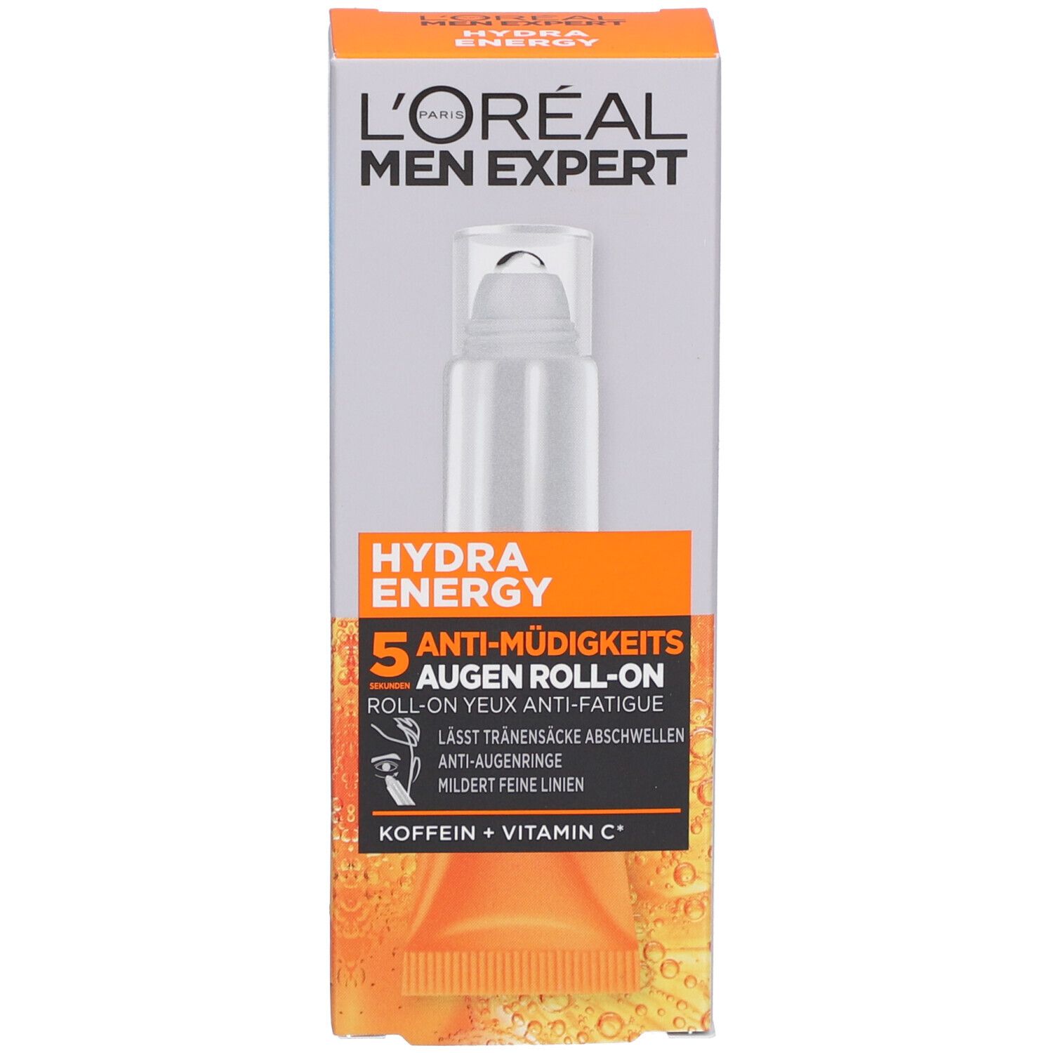 Produktverpackung. L'Oréal Men Expert, Hydra Energy, 5 Anti-Müdigkeits-Augen Roll-On. Text: Koffein + Vitamin C.