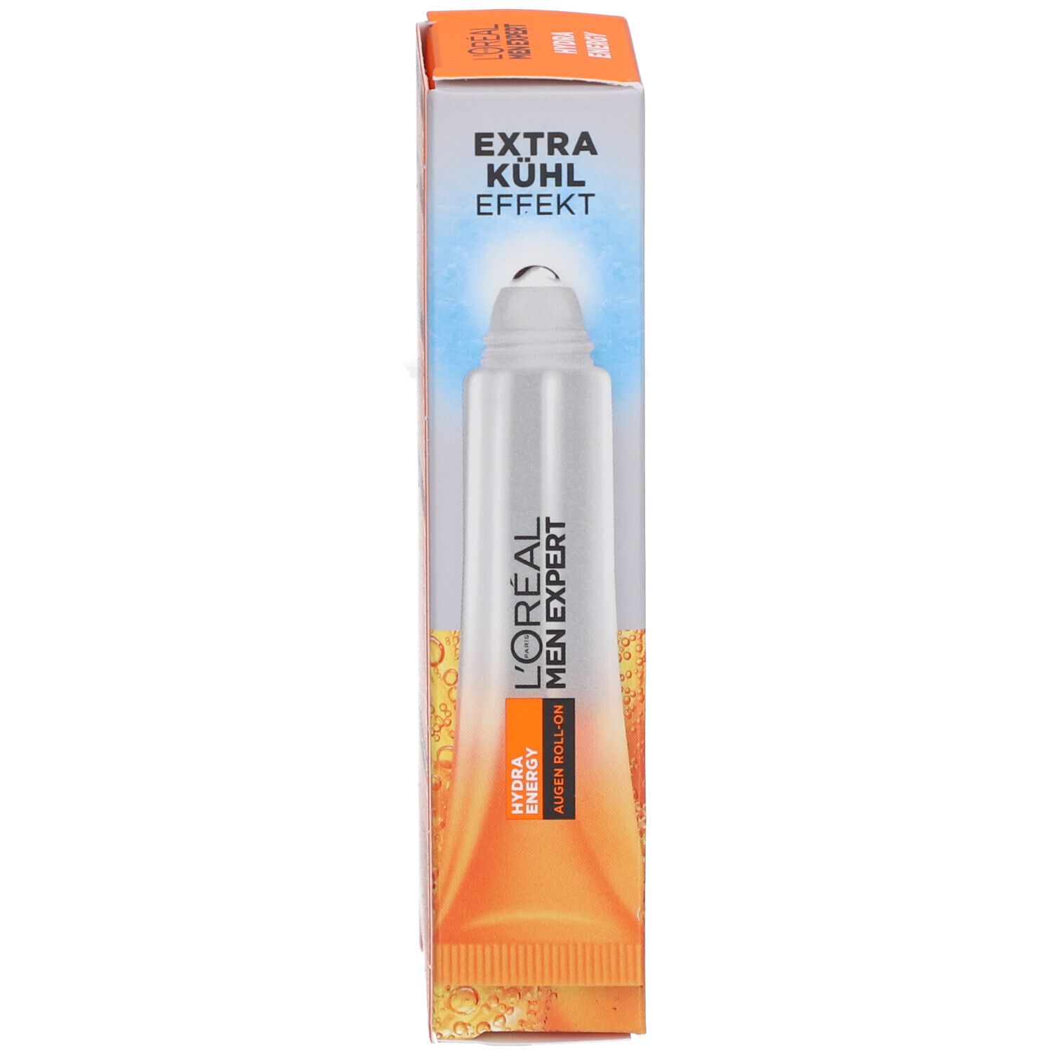 Produktverpackung. L'Oréal Men Expert, Hydra Energy, Extra Kühl Effekt. Tube mit Roll-On-Applikator.