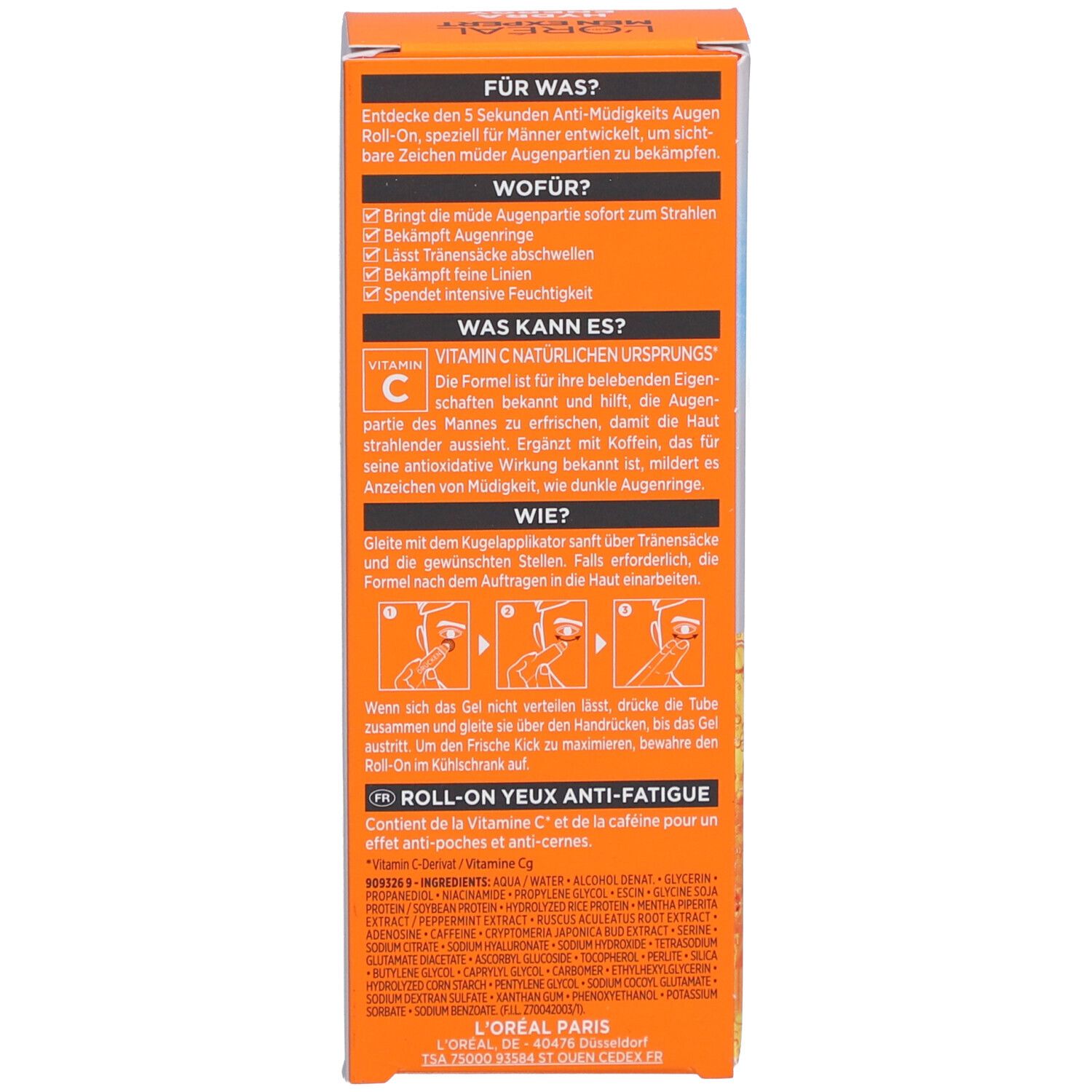 Rückseite der Verpackung. Text: Für was?, Wofür?, Was kann es?, Wie?, Roll-on yeux anti-fatigue, Inhaltsstoffe.