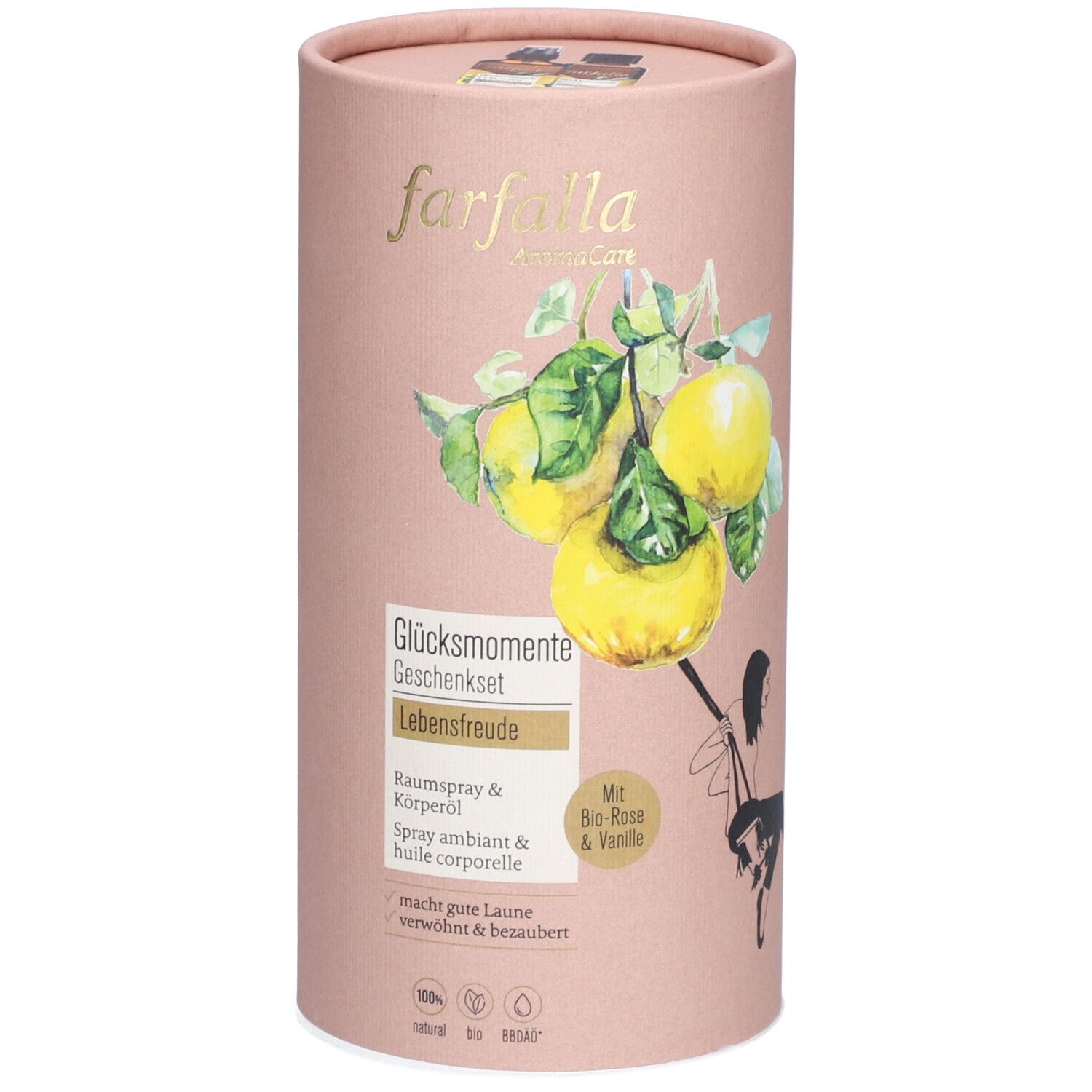 Rosa Geschenkverpackung mit gelben Zitronen-Illustration. Text: farfalla, Glücksmomente, Lebensfreude, Raumspray & Körperöl. Mit Bio-Rose & Vanille.