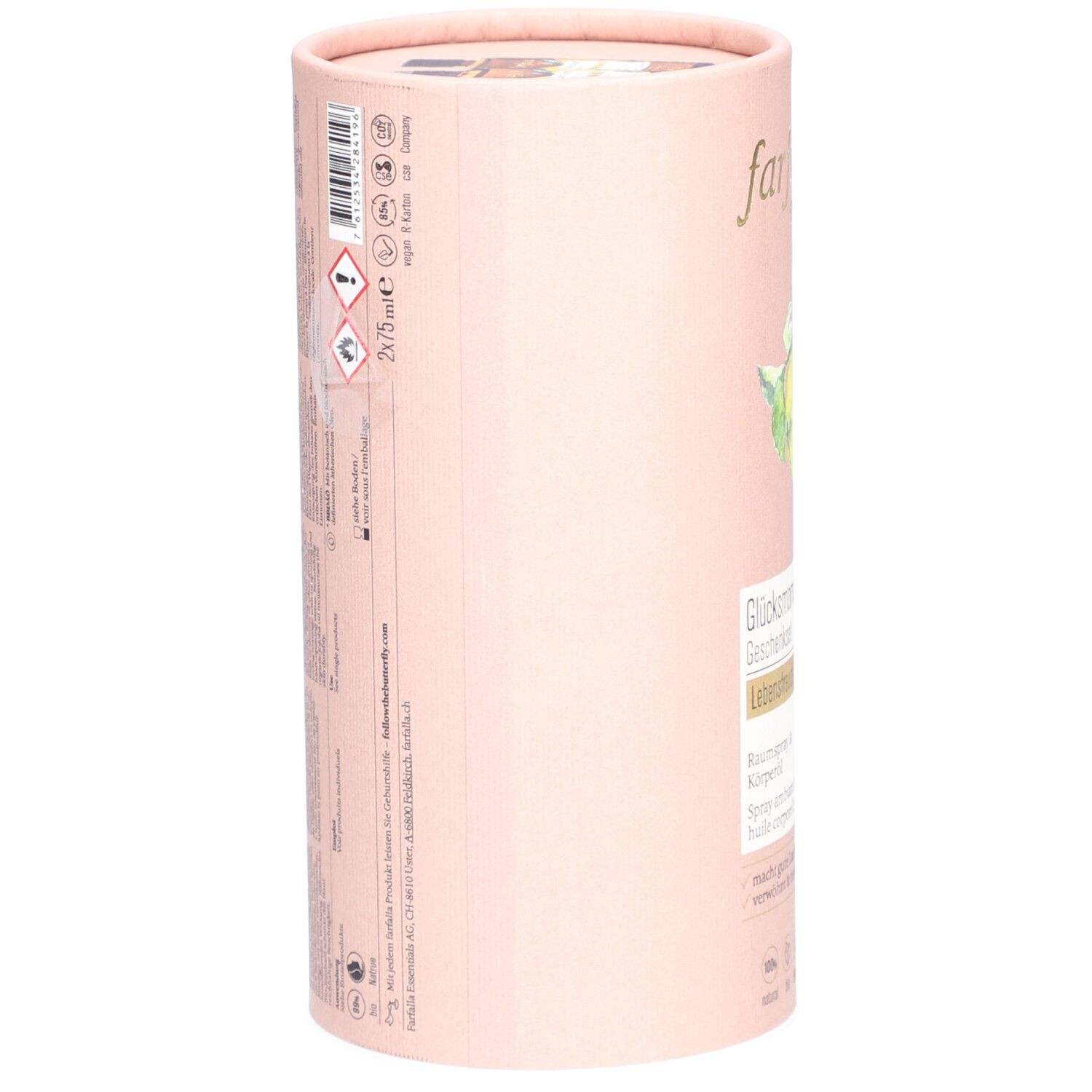 Zylindrische, rosa Geschenkverpackung. Aufschrift: farfalla. Auf der Seite Text und Logos. Enthält 2x75 ml. Mit Bio-Rose & Vanille.