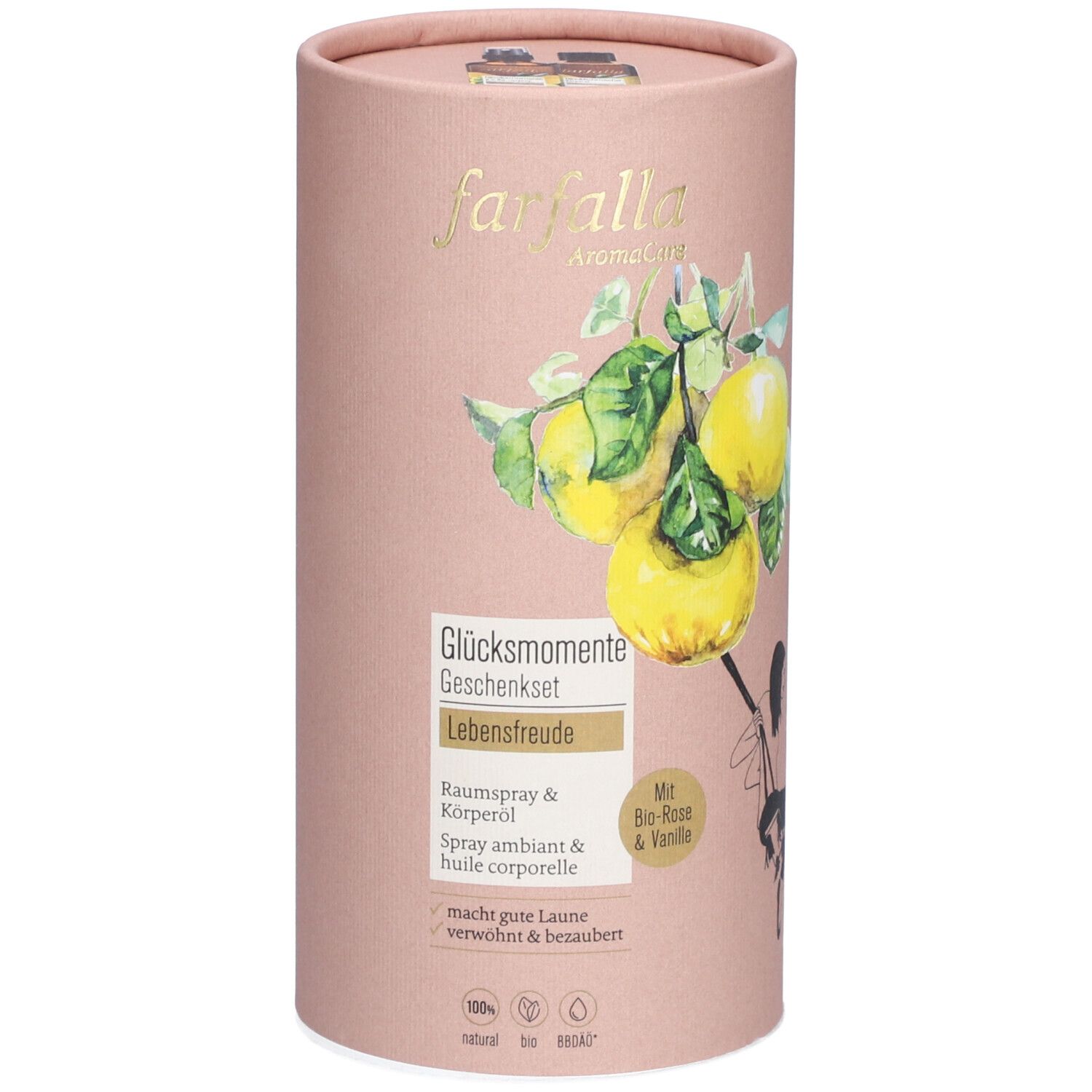 Rosa Geschenkverpackung mit gelben Zitronen-Illustration. Text: farfalla, Glücksmomente, Lebensfreude, Raumspray & Körperöl. Mit Bio-Rose & Vanille.