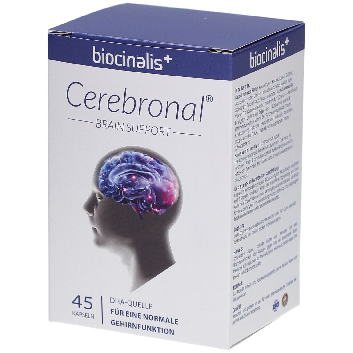 Karton mit "biocinalis+ Cerebronal Brain Support". 45 Kapseln. Abbildung eines Gehirns. Blaue und weiße Verpackung.