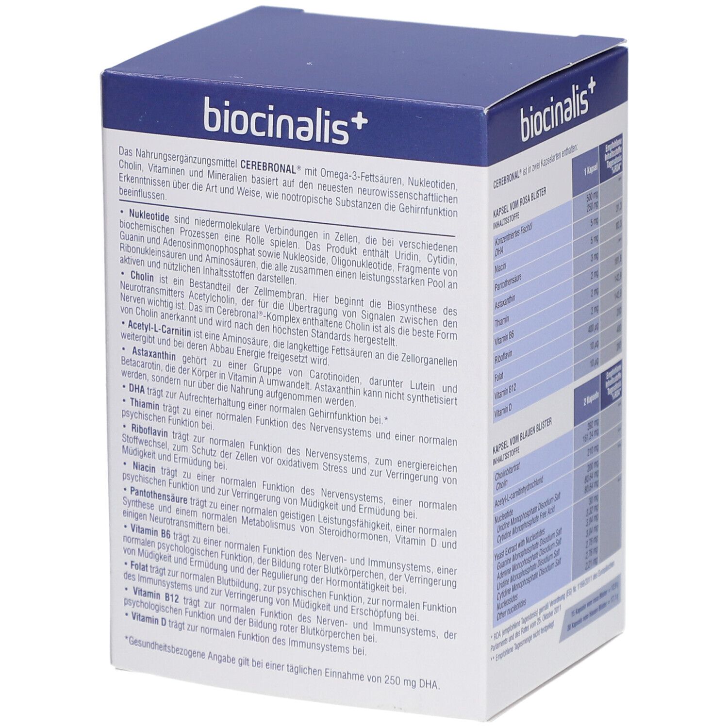 Seitenansicht der Verpackung. Textinformationen über das Produkt. Blaue und weiße Verpackung.
