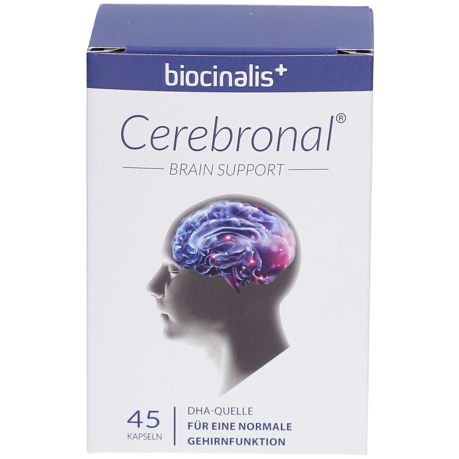 Vorderansicht der Verpackung. "biocinalis+ Cerebronal Brain Support". 45 Kapseln. Abbildung eines Gehirns.