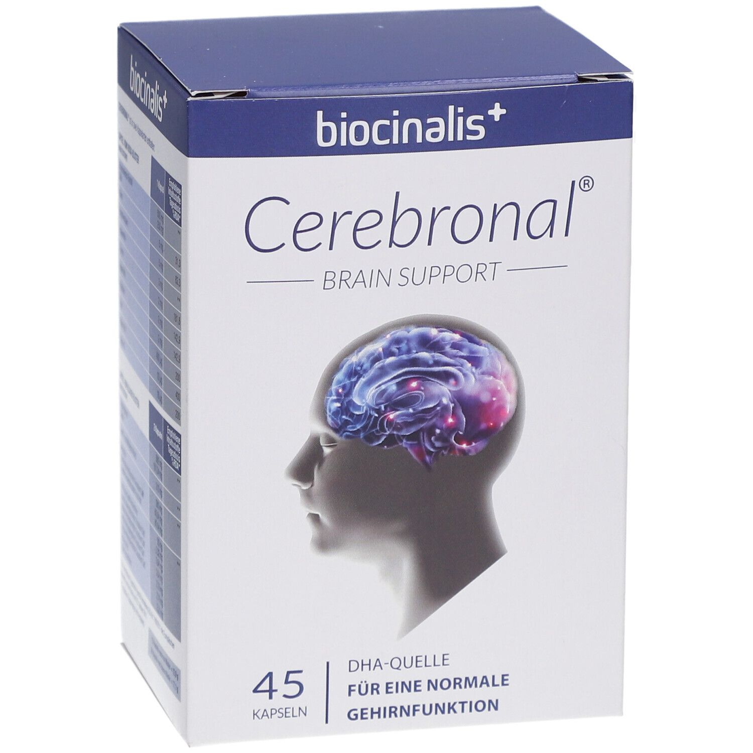 Vorderansicht der Verpackung. "biocinalis+ Cerebronal Brain Support". 45 Kapseln. Abbildung eines Gehirns.