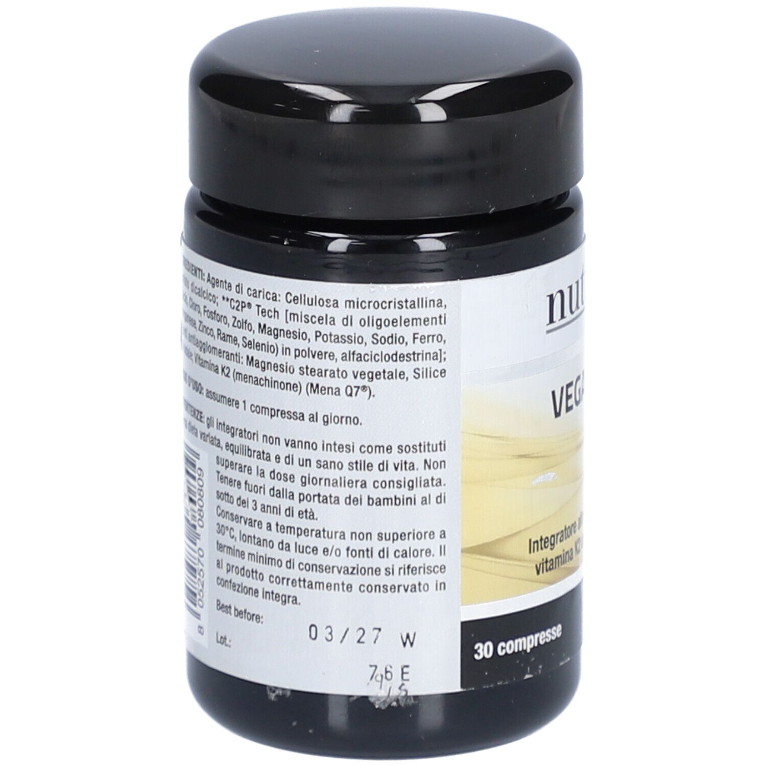 Rückseite der schwarzen Dose. Enthält Informationen zu Inhaltsstoffen und Anwendung. Aufschrift: 30 compresse. Mindesthaltbarkeit: 03/27.