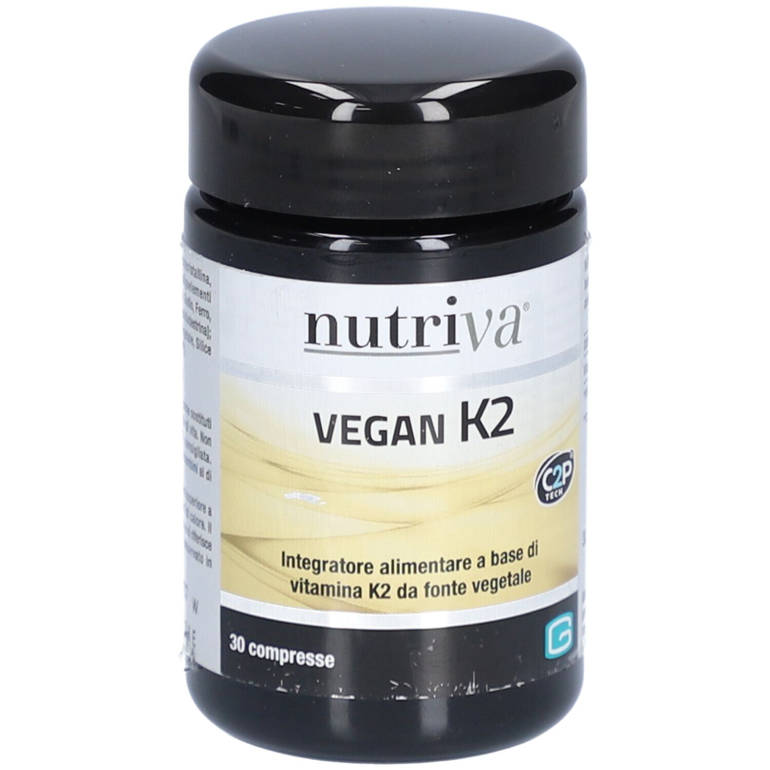 Schwarze Dose mit "nutriva VEGAN K2". Enthält 30 Tabletten. Aufschrift: Integratore alimentare a base di vitamina K2 da fonte vegetale.
