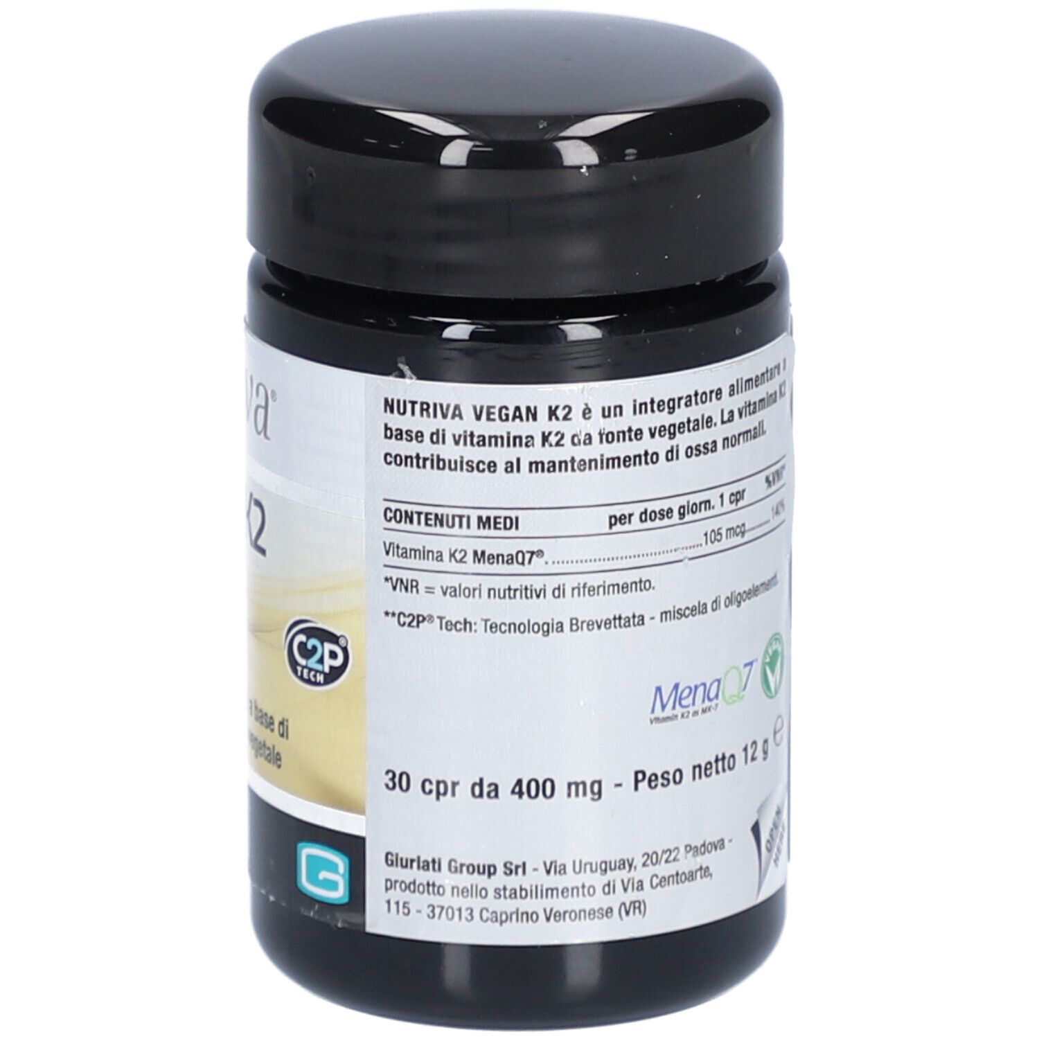 Schwarze Dose mit "nutriva VEGAN K2". Enthält 30 Tabletten. Aufschrift: 30 cpr da 400 mg - Peso netto 12 g. Enthält Inhaltsangaben.