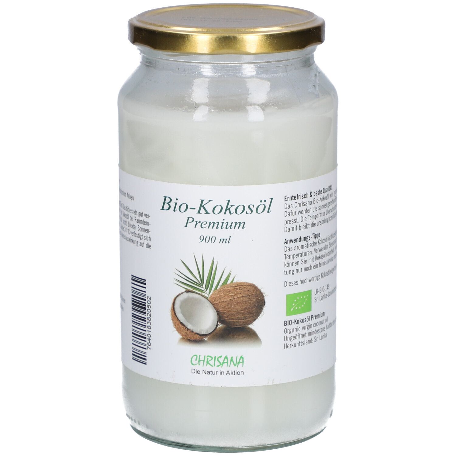 Pot de Bio-Kokosöl Premium. Étiquette avec nom du produit, illustration de noix de coco et label bio. Marque : Chrisana.