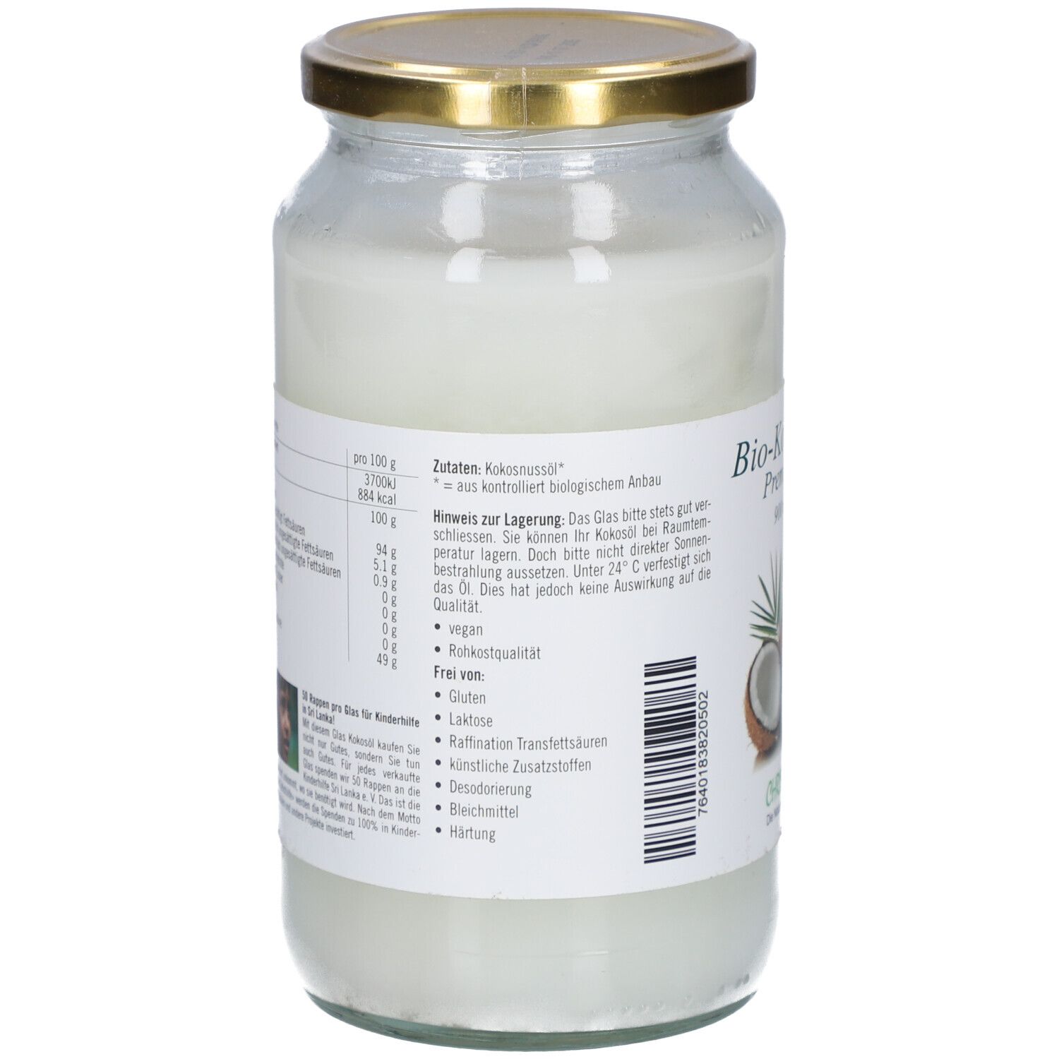 Dos du pot de Bio-Kokosöl. Étiquette avec ingrédients, informations nutritionnelles et conseils de stockage. Label vegan.