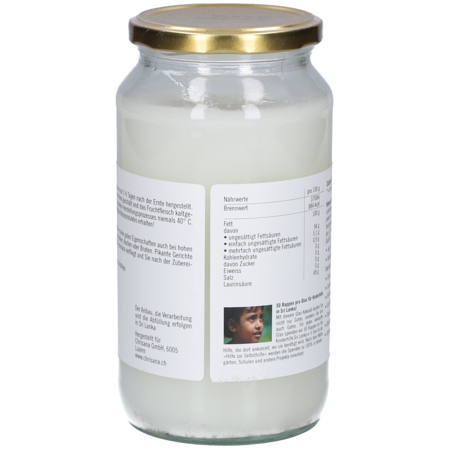 Dos du pot de Bio-Kokosöl. Étiquette avec informations nutritionnelles et photo. Marque : Chrisana.