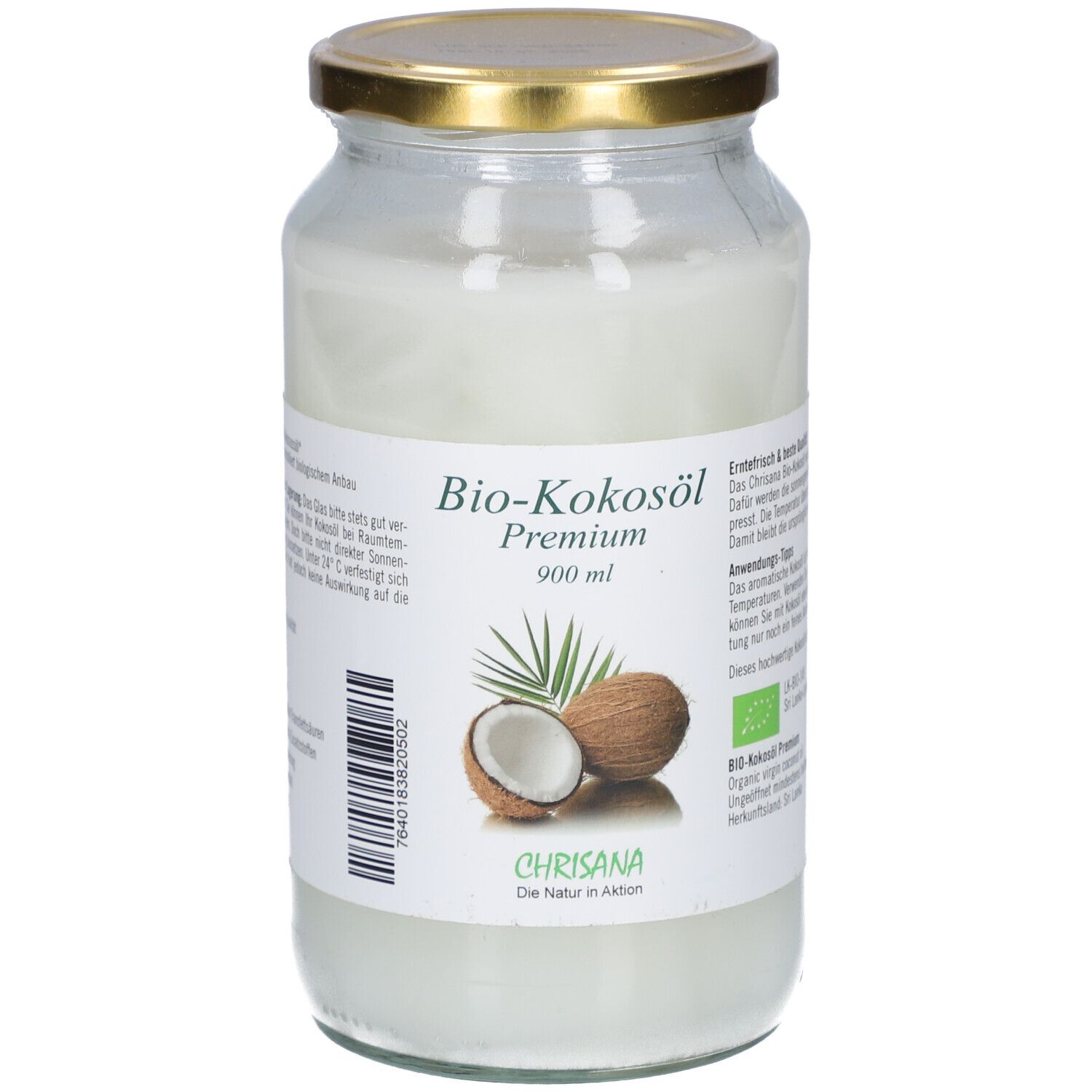 Pot de Bio-Kokosöl Premium. Étiquette avec nom du produit, illustration de noix de coco et label bio. Marque : Chrisana.