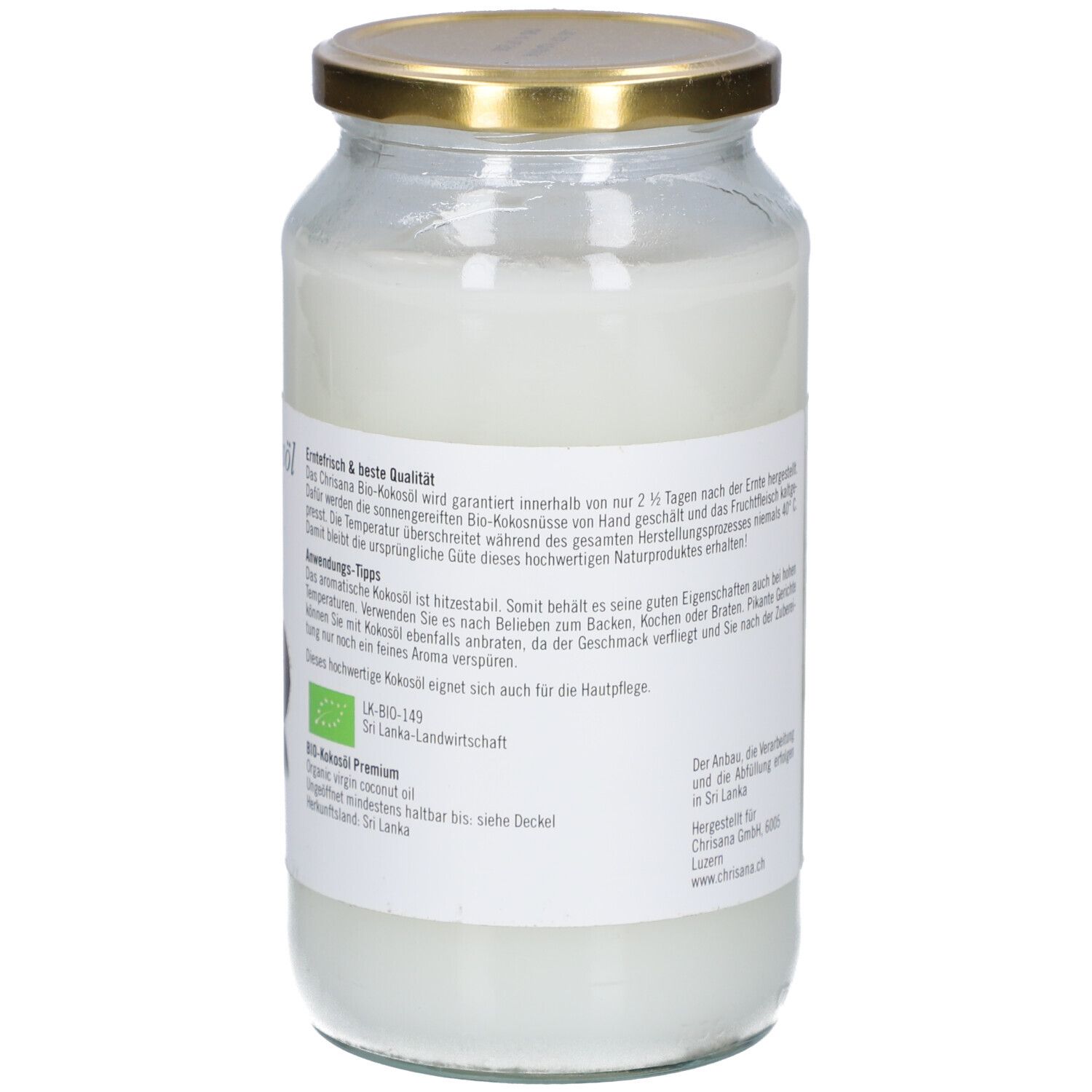 Dos du pot de Bio-Kokosöl. Étiquette avec informations, label bio et origine. Marque : Chrisana.