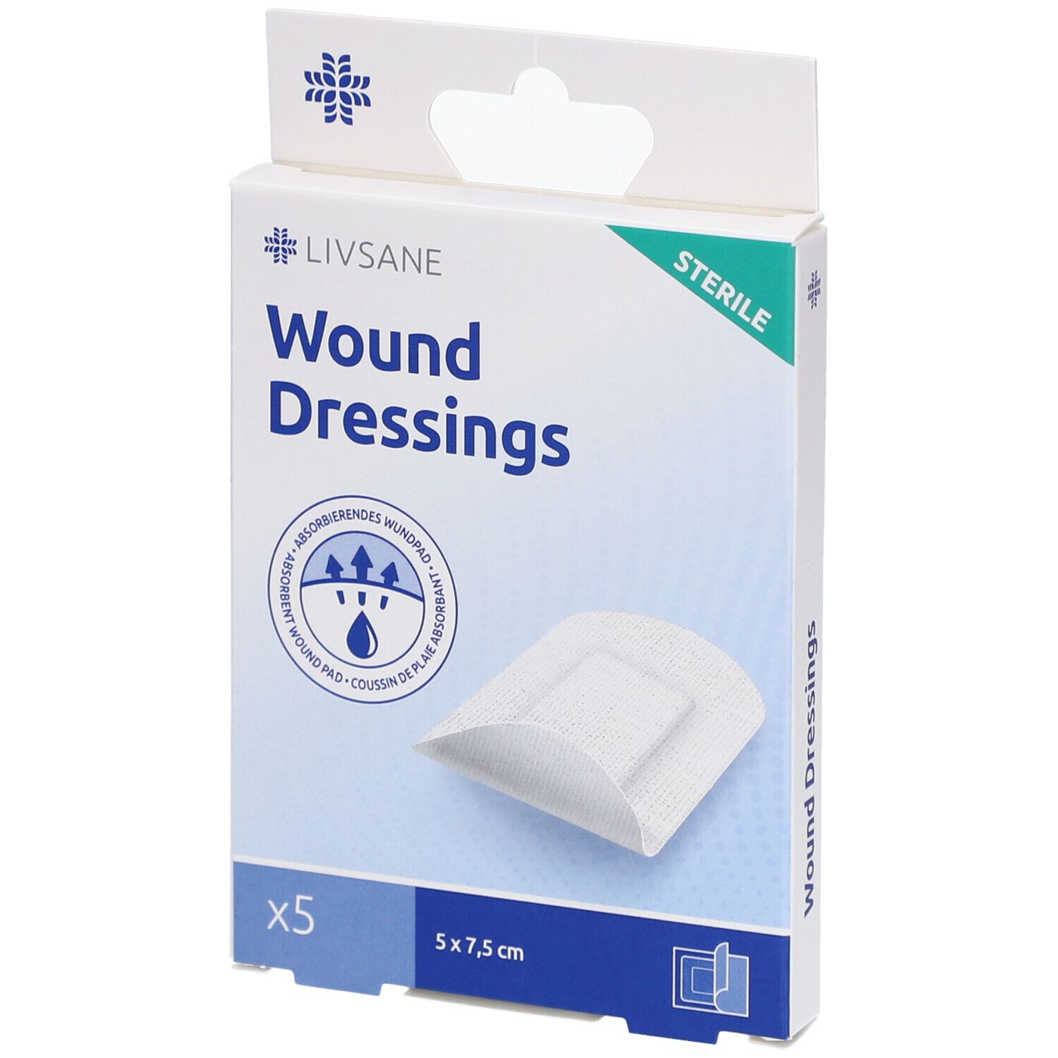 Boîte de pansements LIVSANE. Contient 5 pièces, 5 x 7,5 cm. Stérile.