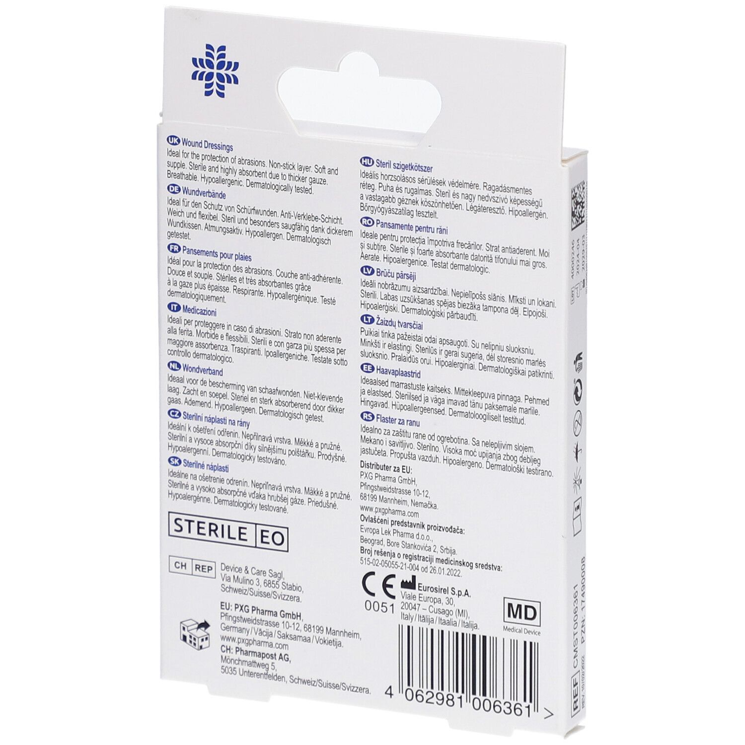 Dos de la boîte de pansements LIVSANE. Texte multilingue. Stérile.