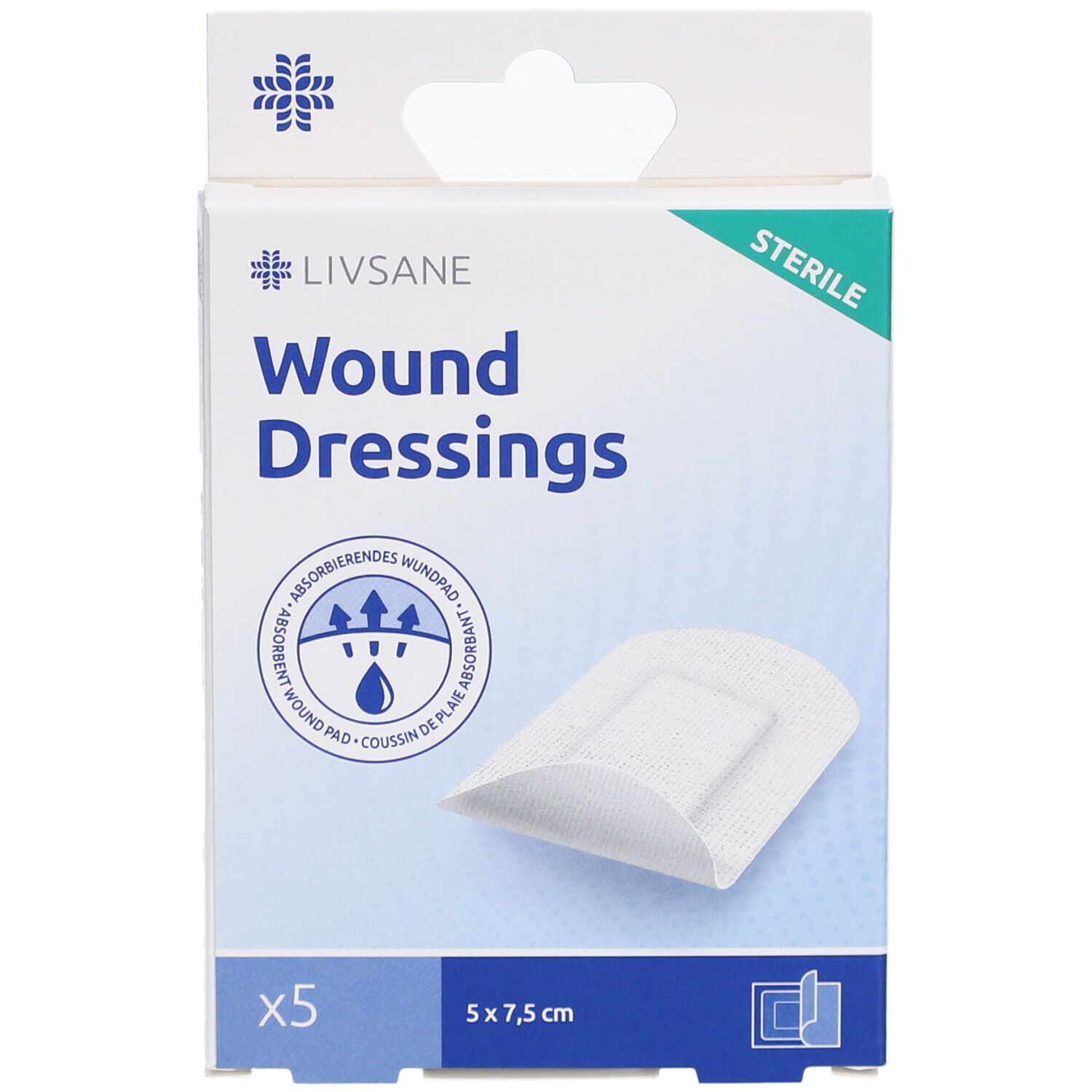 Boîte de pansements LIVSANE. 5 pièces, 5 x 7,5 cm. Stérile.