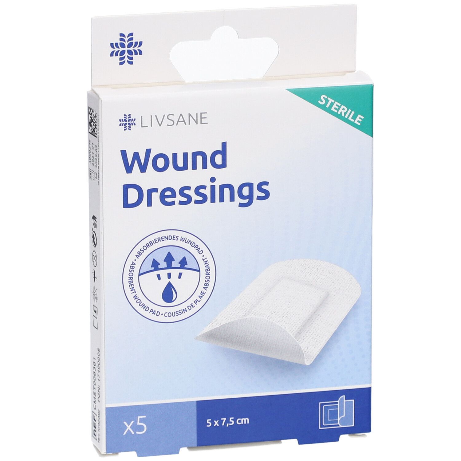 Boîte de pansements LIVSANE. 5 pièces, 5 x 7,5 cm. Stérile.