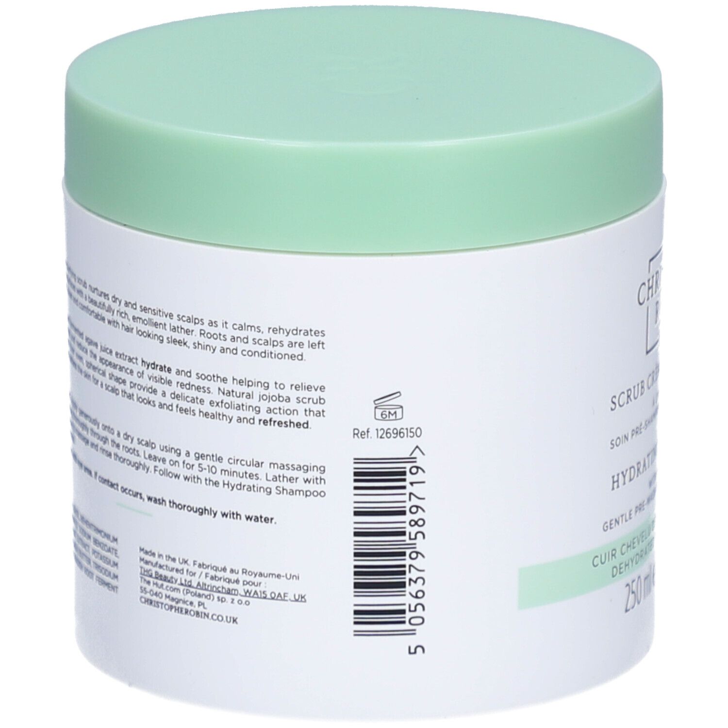 Rückseite des weißen Tiegels mit hellgrünem Deckel. Text und Barcode.