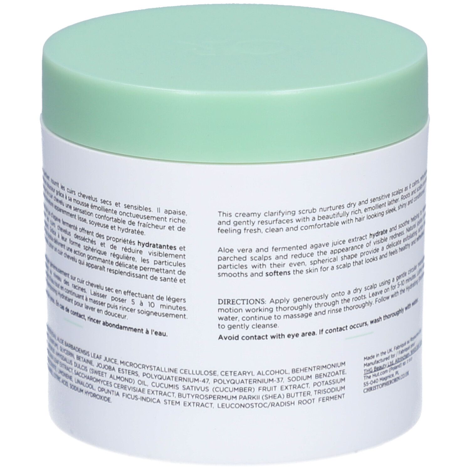 Rückseite des weißen Tiegels mit hellgrünem Deckel. Text mit Inhaltsstoffen und Anwendung.