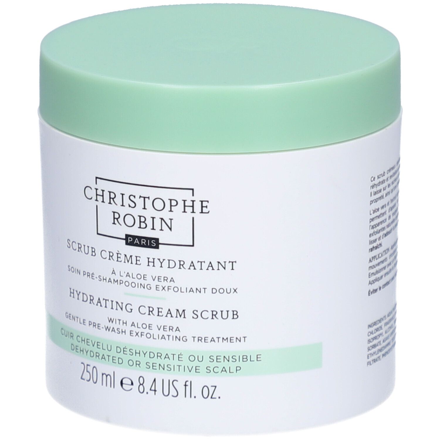 Weißer Tiegel mit hellgrünem Deckel. Aufschrift: Christophe Robin Paris, Hydrating Cream Scrub, 250 ml.