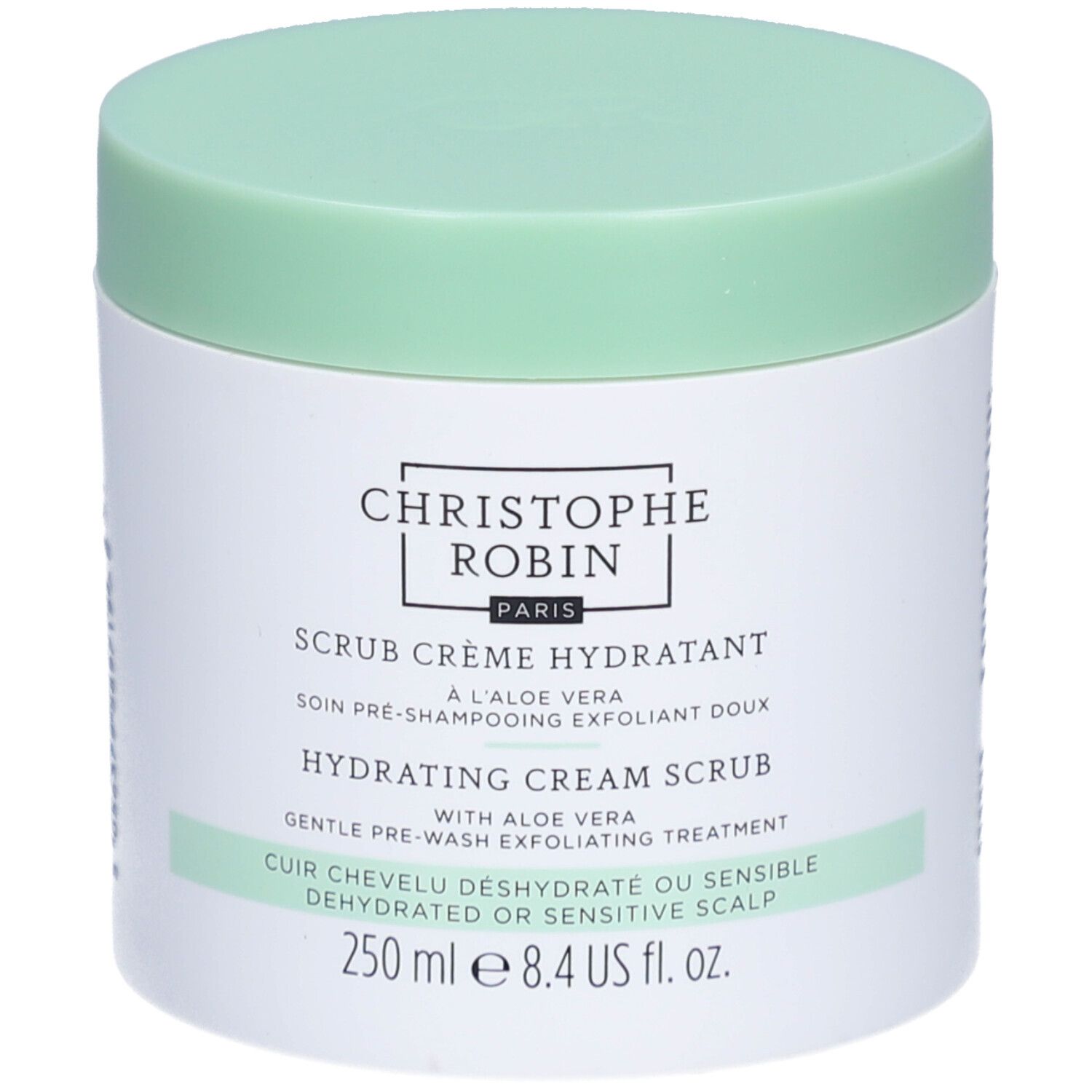 Weißer Tiegel mit hellgrünem Deckel. Aufschrift: Christophe Robin Paris, Hydrating Cream Scrub, 250 ml.