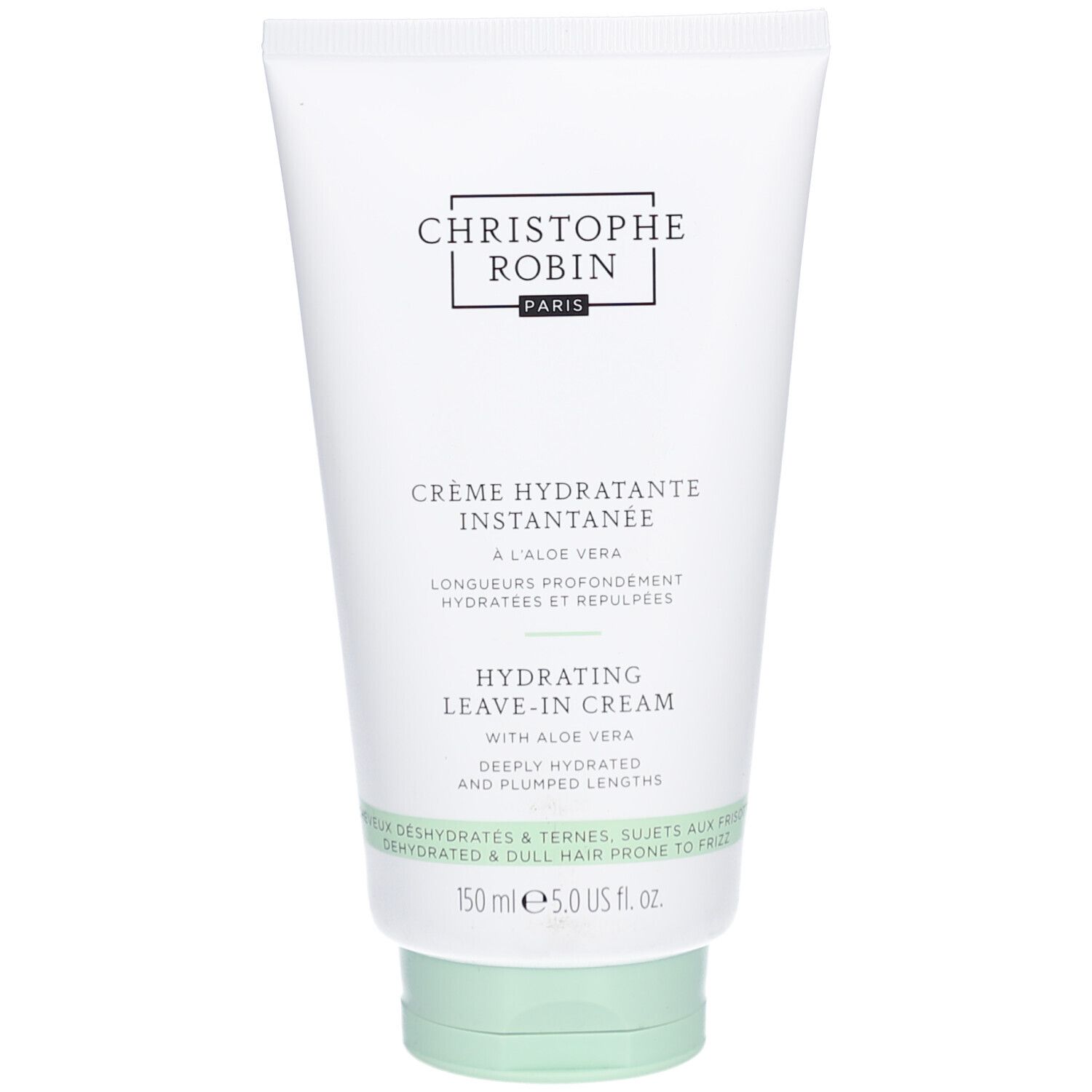 Weiße Tube mit grünem Deckel. Schwarzer Schriftzug: CHRISTOPHE ROBIN PARIS. Text: Crème Hydratante Instantanée à l'Aloe Vera. Hydrating Leave-in Cream.