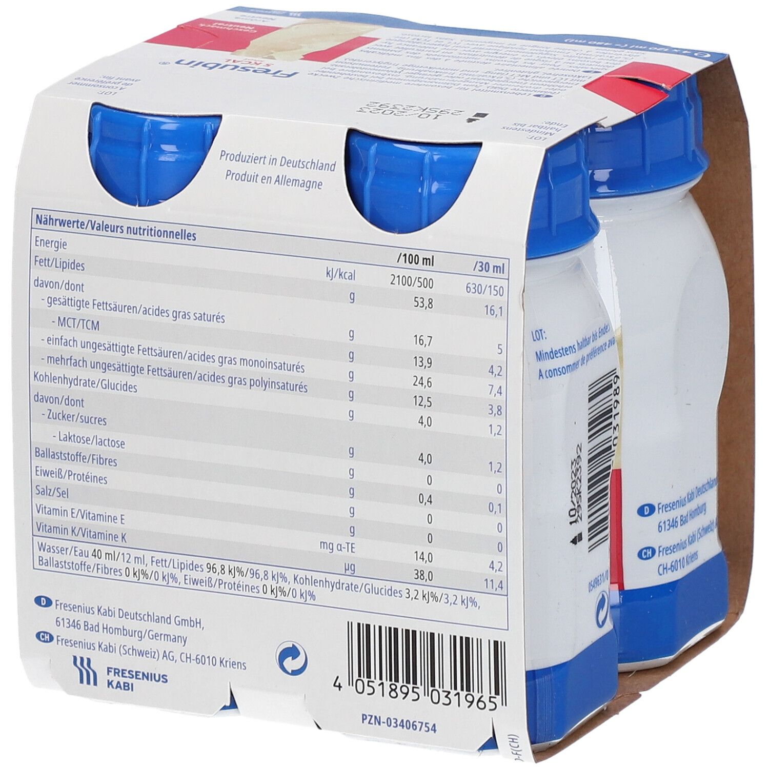 Rückseite der FRESUBIN® Shot 5 kcal Verpackung. Enthält Nährwertangaben in Deutsch und Französisch. Barcode und Herstellerinformationen.