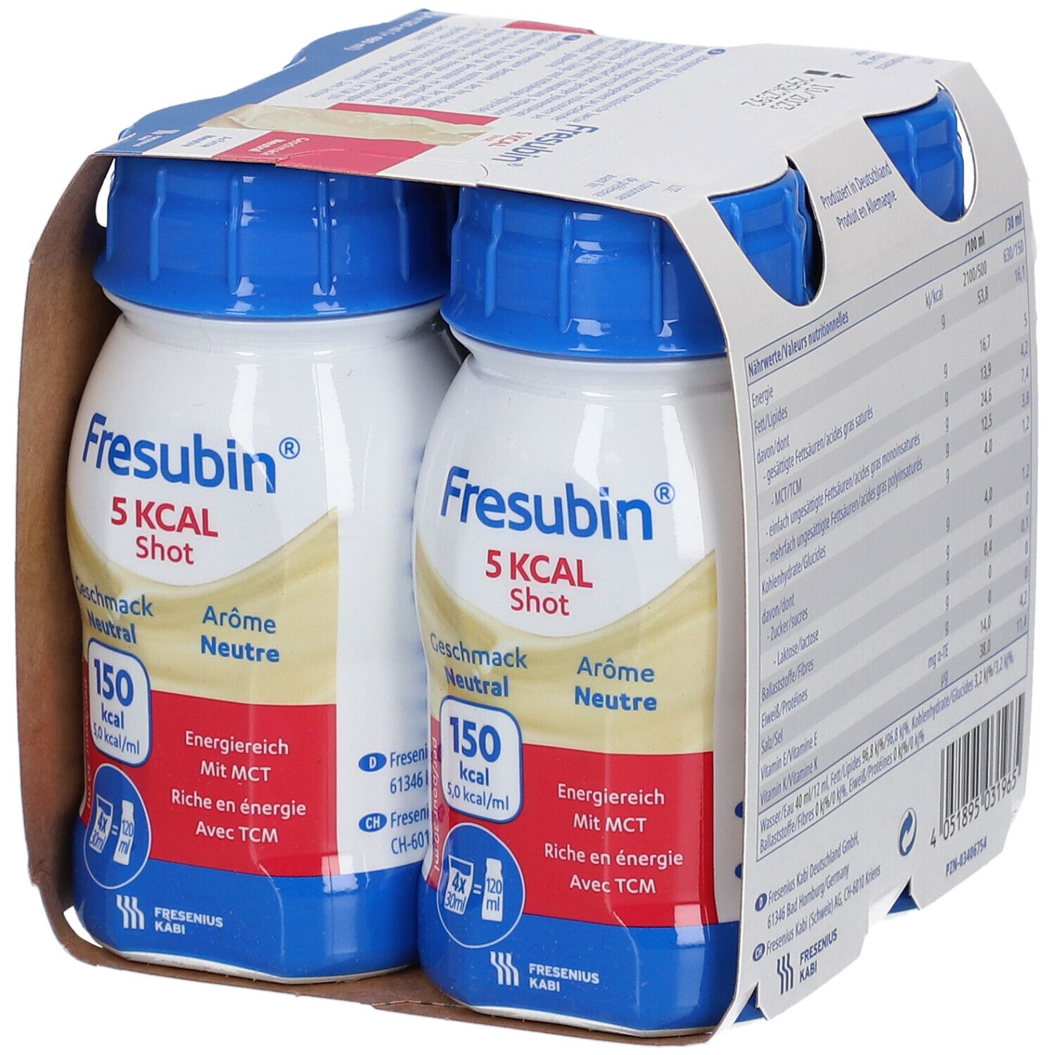 Packung mit vier Flaschen FRESUBIN® Shot 5 kcal. Flaschen mit blauem Deckel, weißem Etikett. Produktname und Geschmacksangabe.