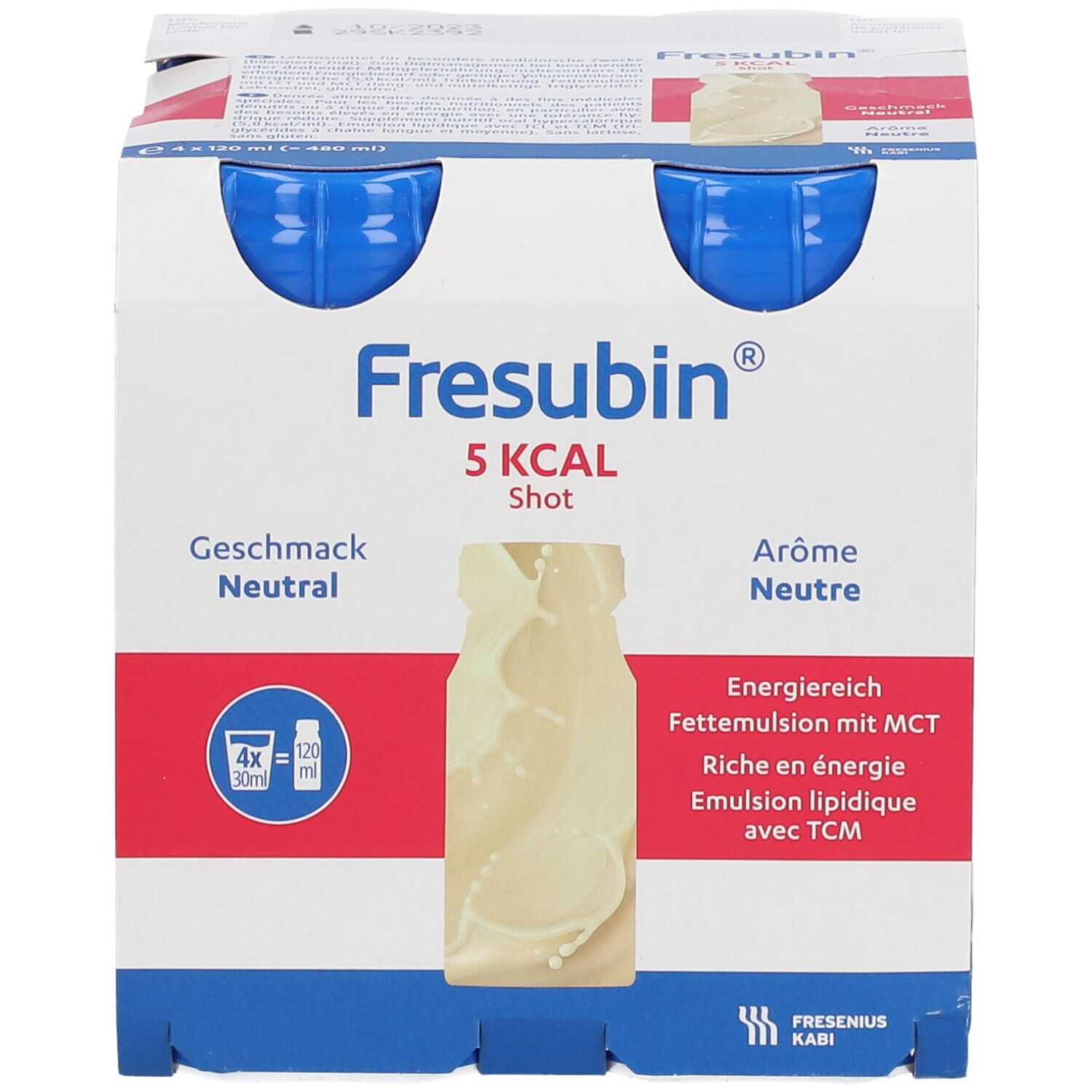 FRESUBIN® Shot 5 kcal Packung mit vier Flaschen. Flaschen mit blauem Deckel, weißem Etikett. Geschmacksangabe und Produktinformationen.