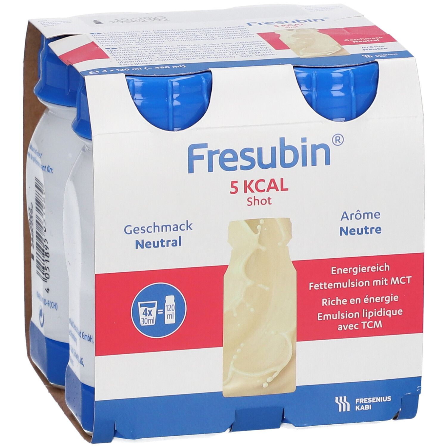 FRESUBIN® Shot 5 kcal Packung mit vier Flaschen. Flaschen mit blauem Deckel, weißem Etikett. Geschmacksangabe und Produktinformationen.