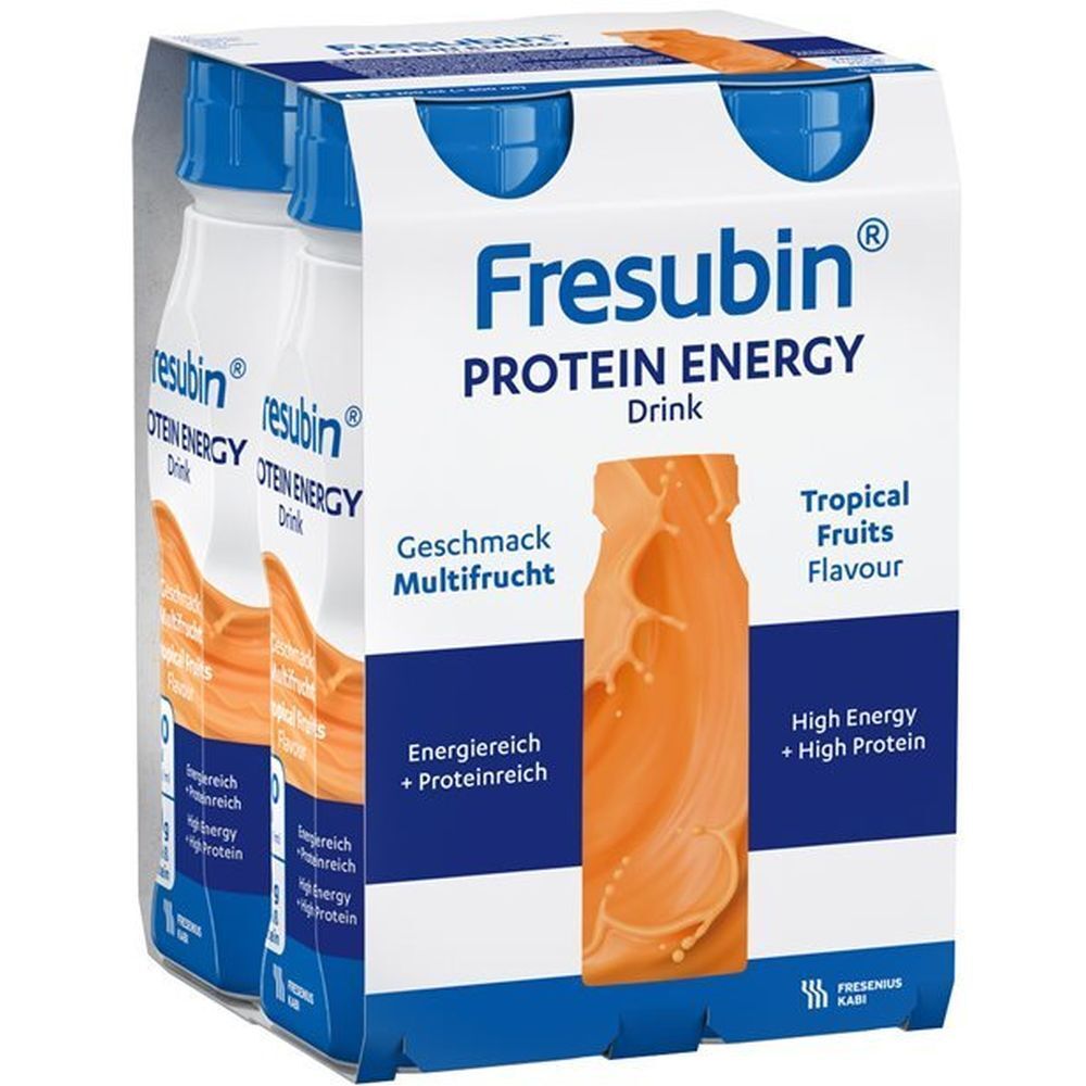 Emballage de FRESUBIN Protein Energy Drink. Goût multifruits. Contient 4 bouteilles.