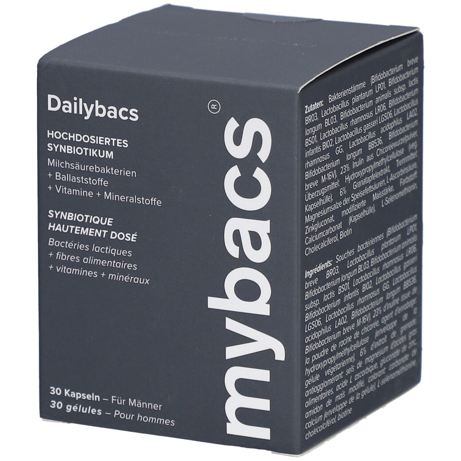Boîte grise foncée avec "Dailybacs" et "mybacs". Contient 30 gélules pour hommes. Inscription : Synbiotique hautement dosé.