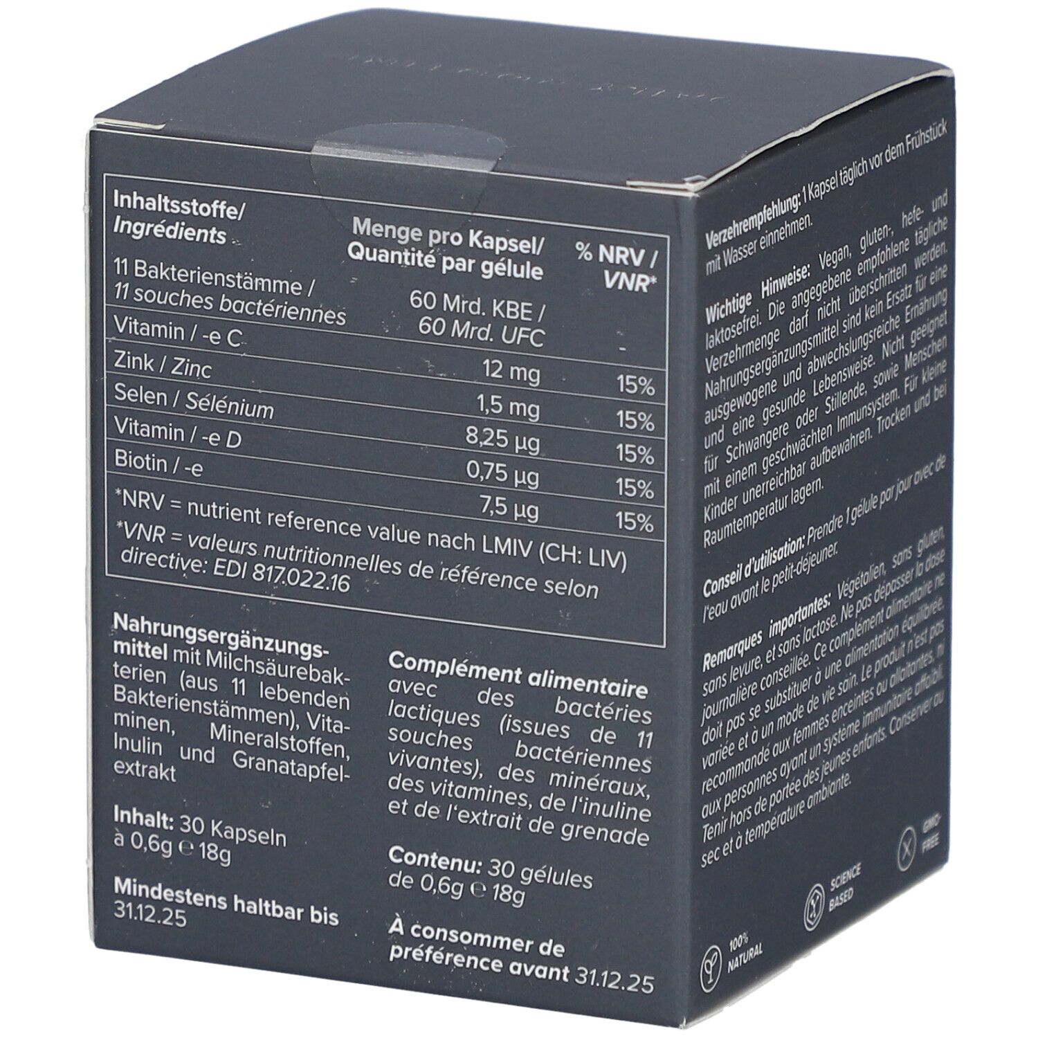 Dos de la boîte avec ingrédients et informations nutritionnelles. Contient 11 souches bactériennes, vitamines et minéraux.
