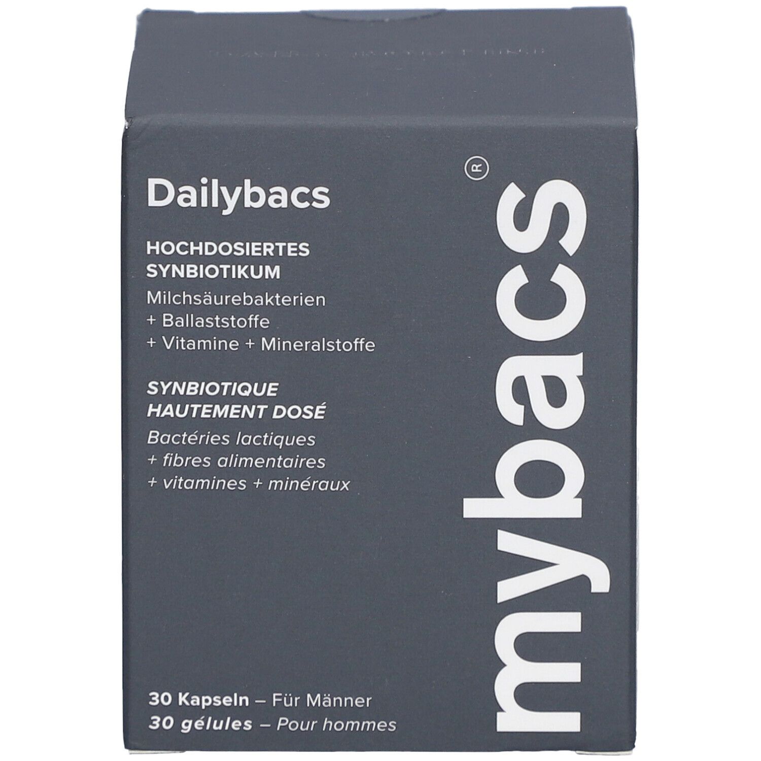Boîte grise foncée avec "Dailybacs" et "mybacs". Contient 30 gélules pour hommes. Inscription : Synbiotique hautement dosé.