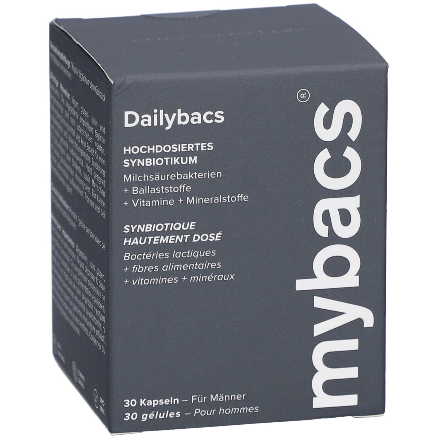 Boîte grise foncée avec "Dailybacs" et "mybacs". Contient 30 gélules pour hommes. Inscription : Synbiotique hautement dosé.