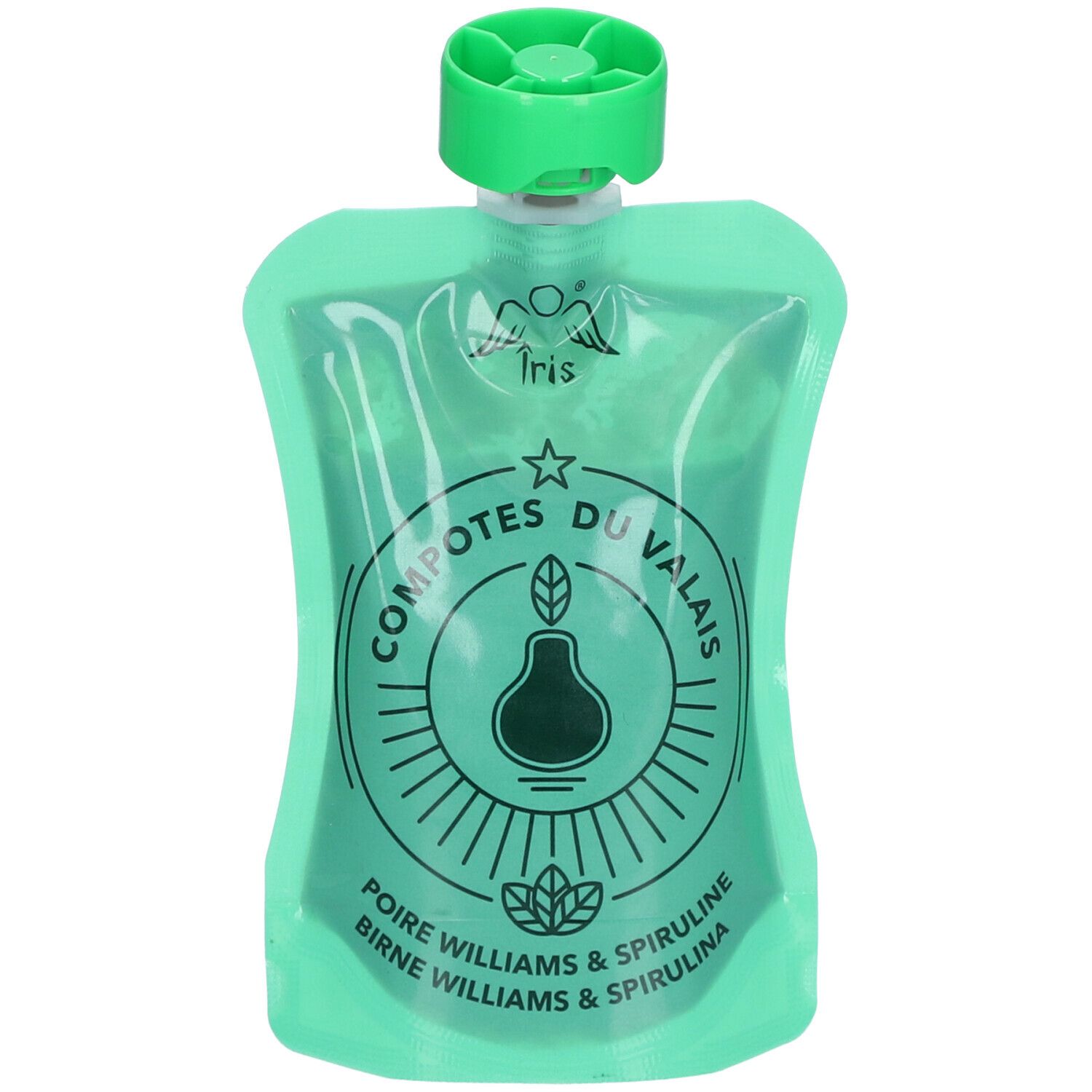 Grüne Quetschbeutel mit grünem Verschluss. Aufdruck: Iris, Birne, Spirulina, Compotes du Valais.